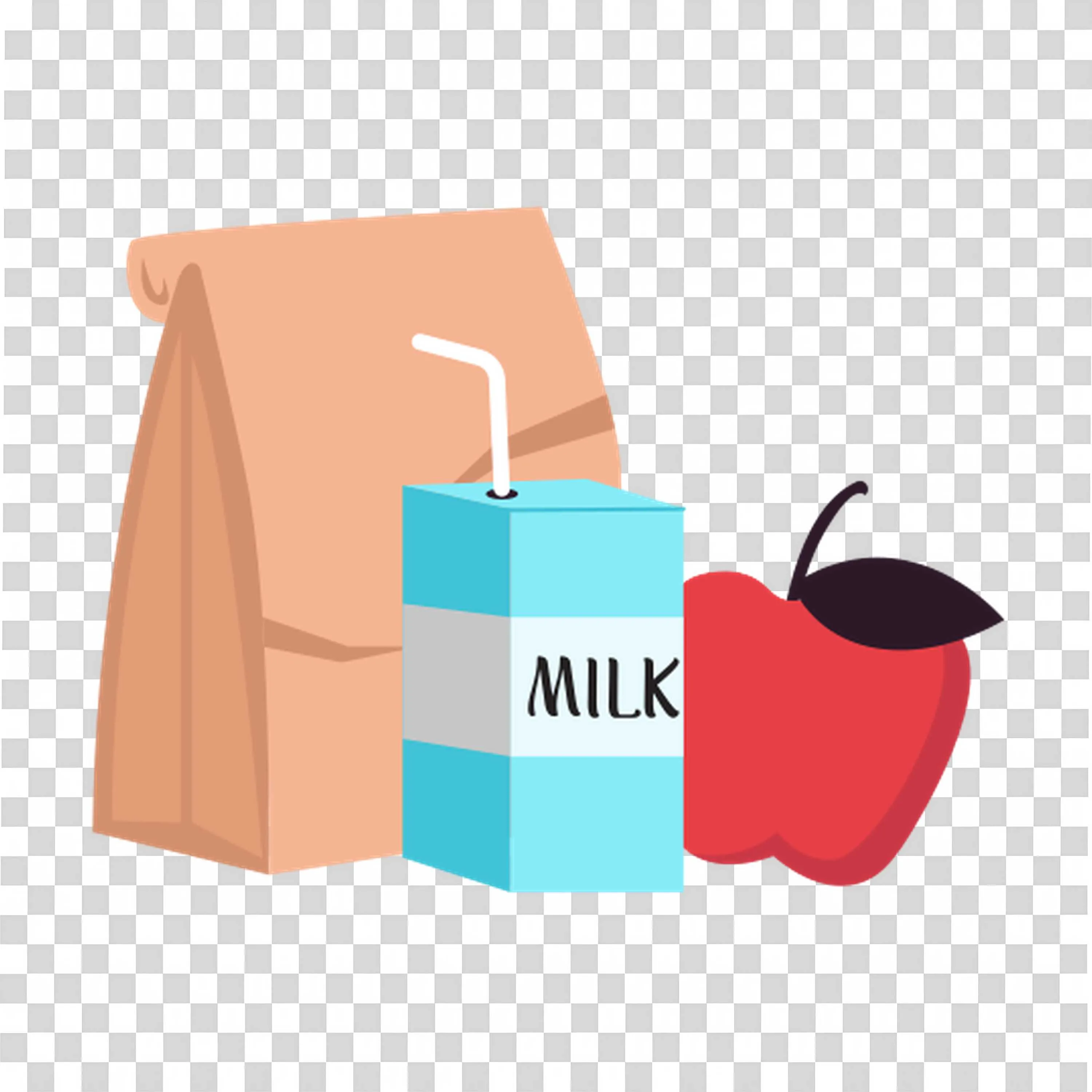Packed Lunch with Milk Carton and a Fresh Red Apple Png