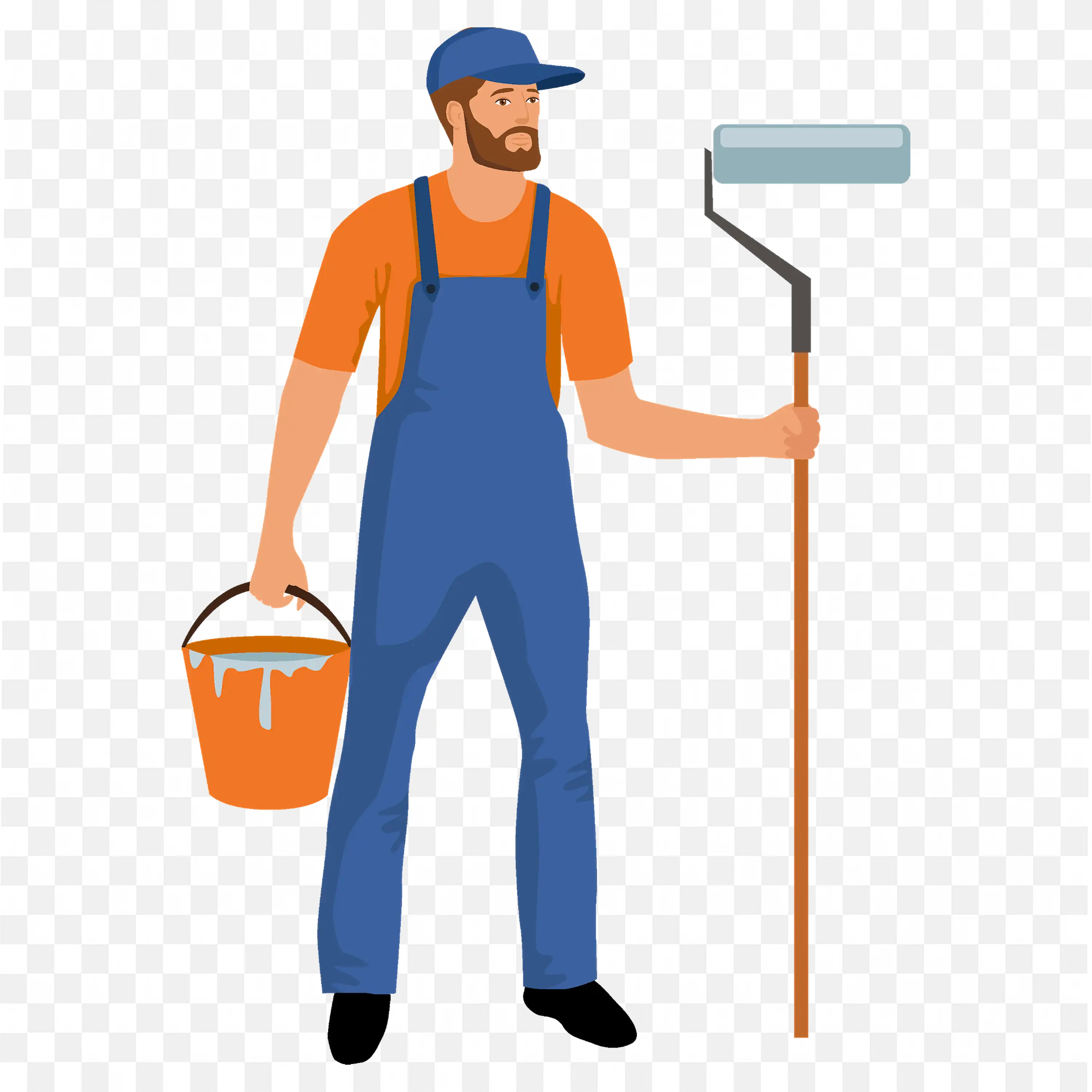 Painter Holding Paint Bucket and Roller Brush PNG Download