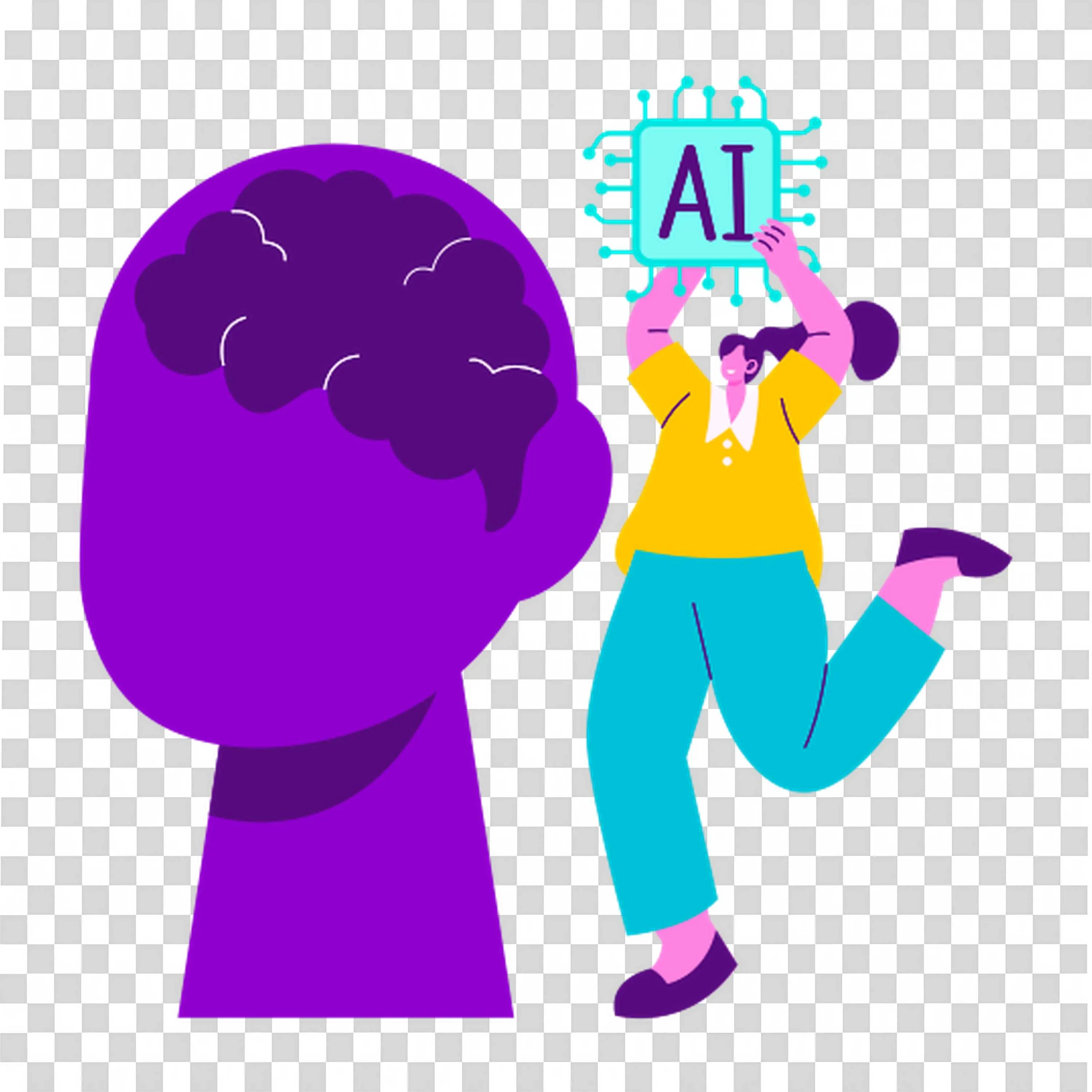 Person Holding An Ai Sign Near a Purple Brain Illustration