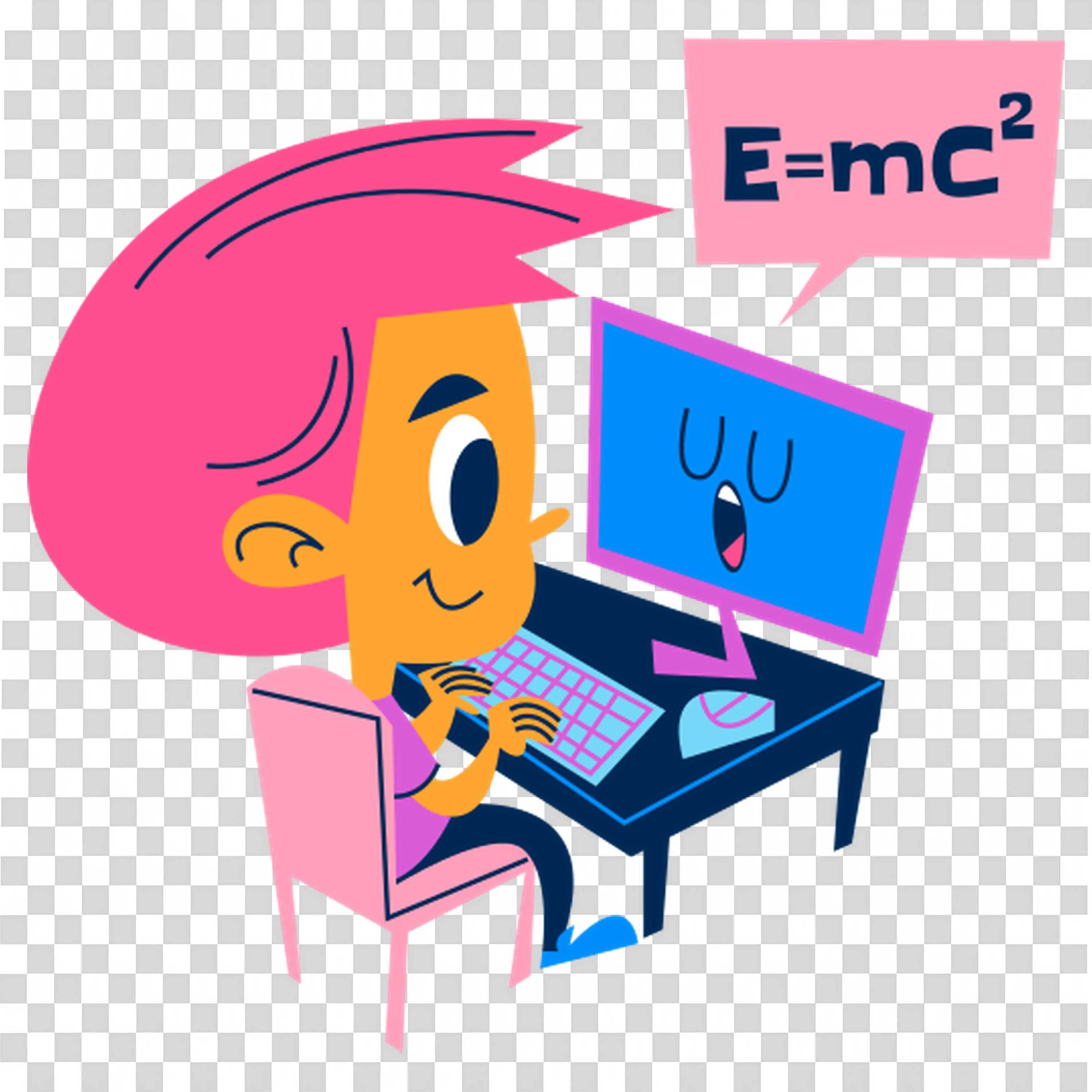 Person Learning Physics with Pink Hair at a Computer Png