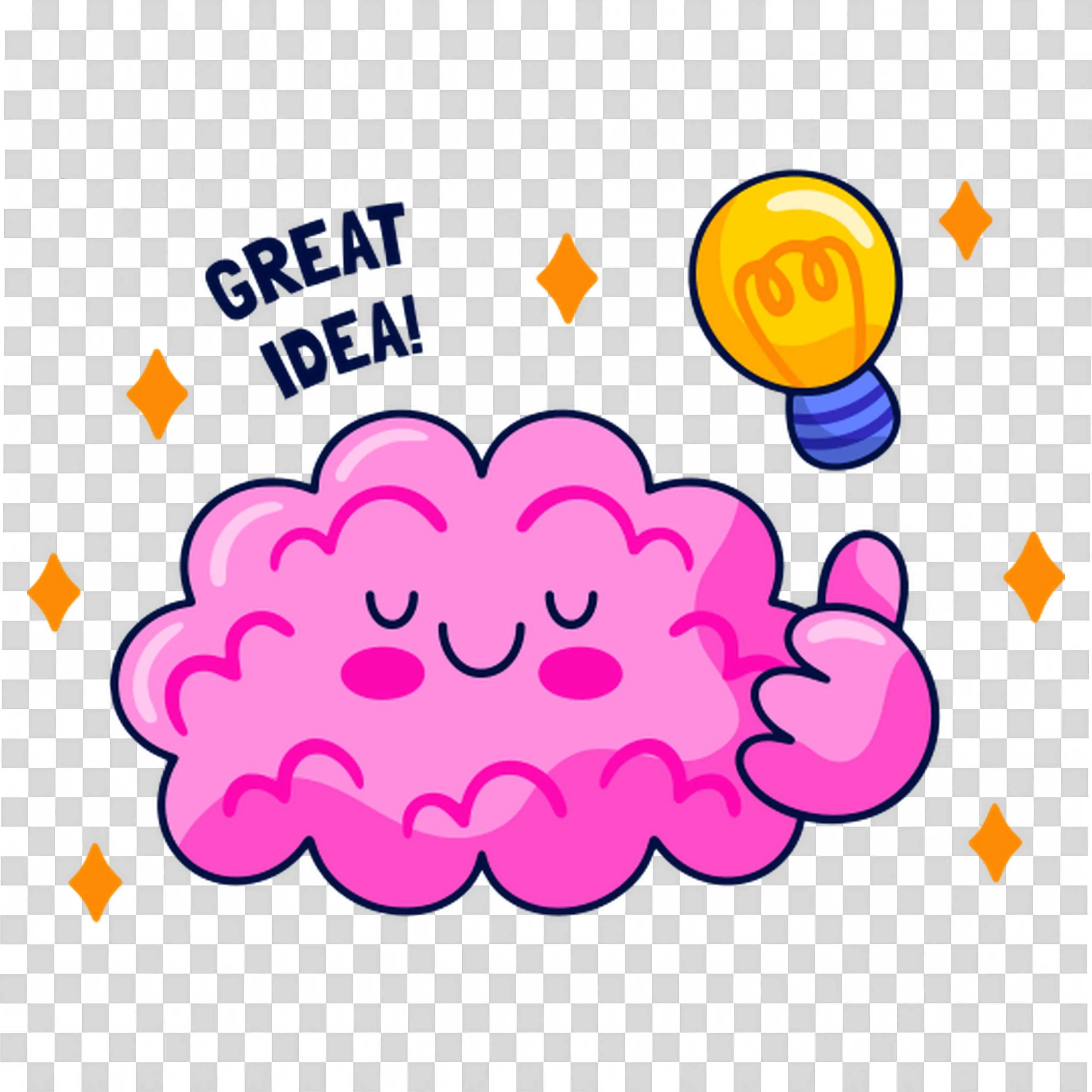 Pink Brain with Great Idea and Bright Light Bulb PNG Image