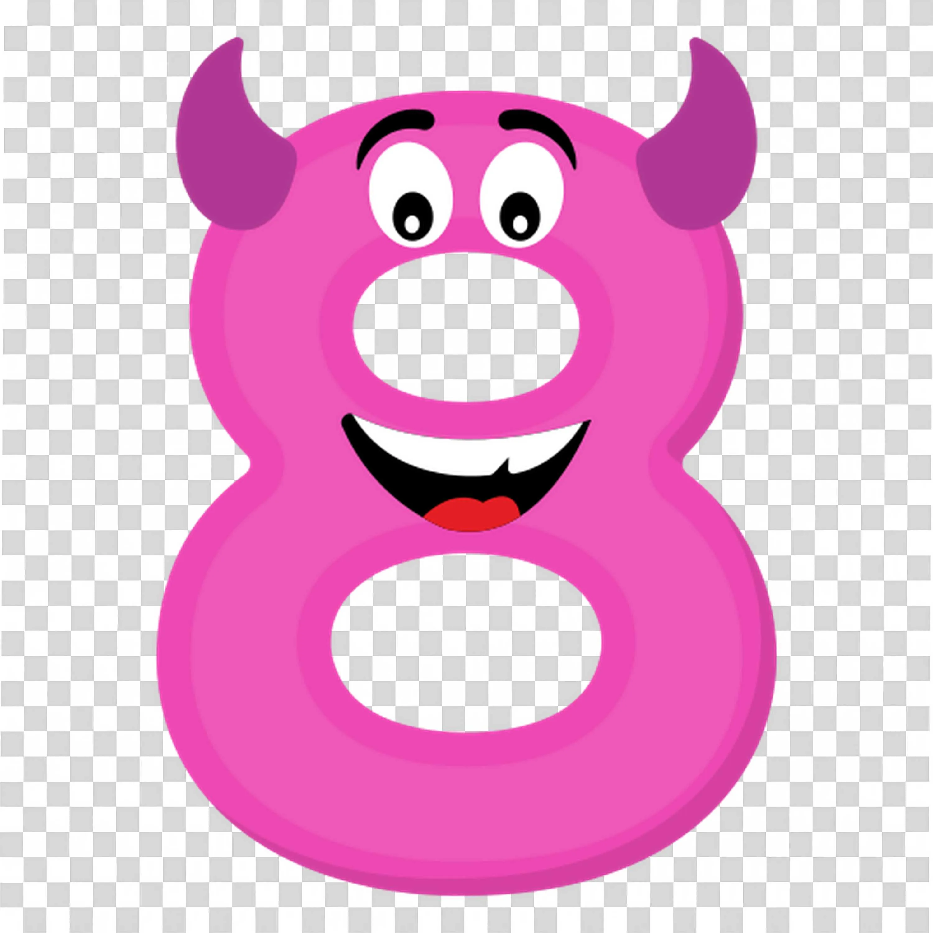 Pink Cartoon Number Eight with Horns and Happy Face Png
