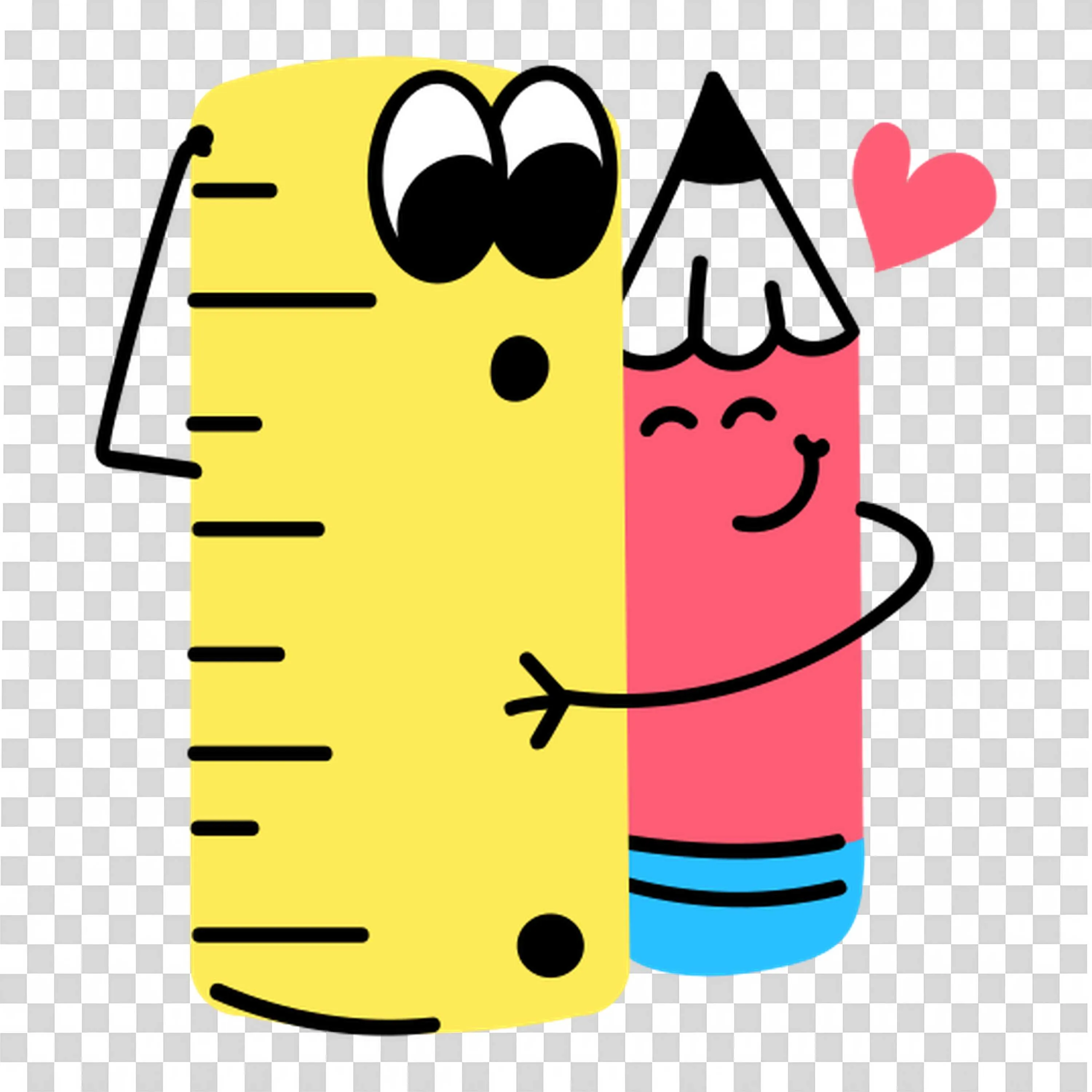 Pink Ruler with a Small Heart Hugging a Yellow Pencil Png