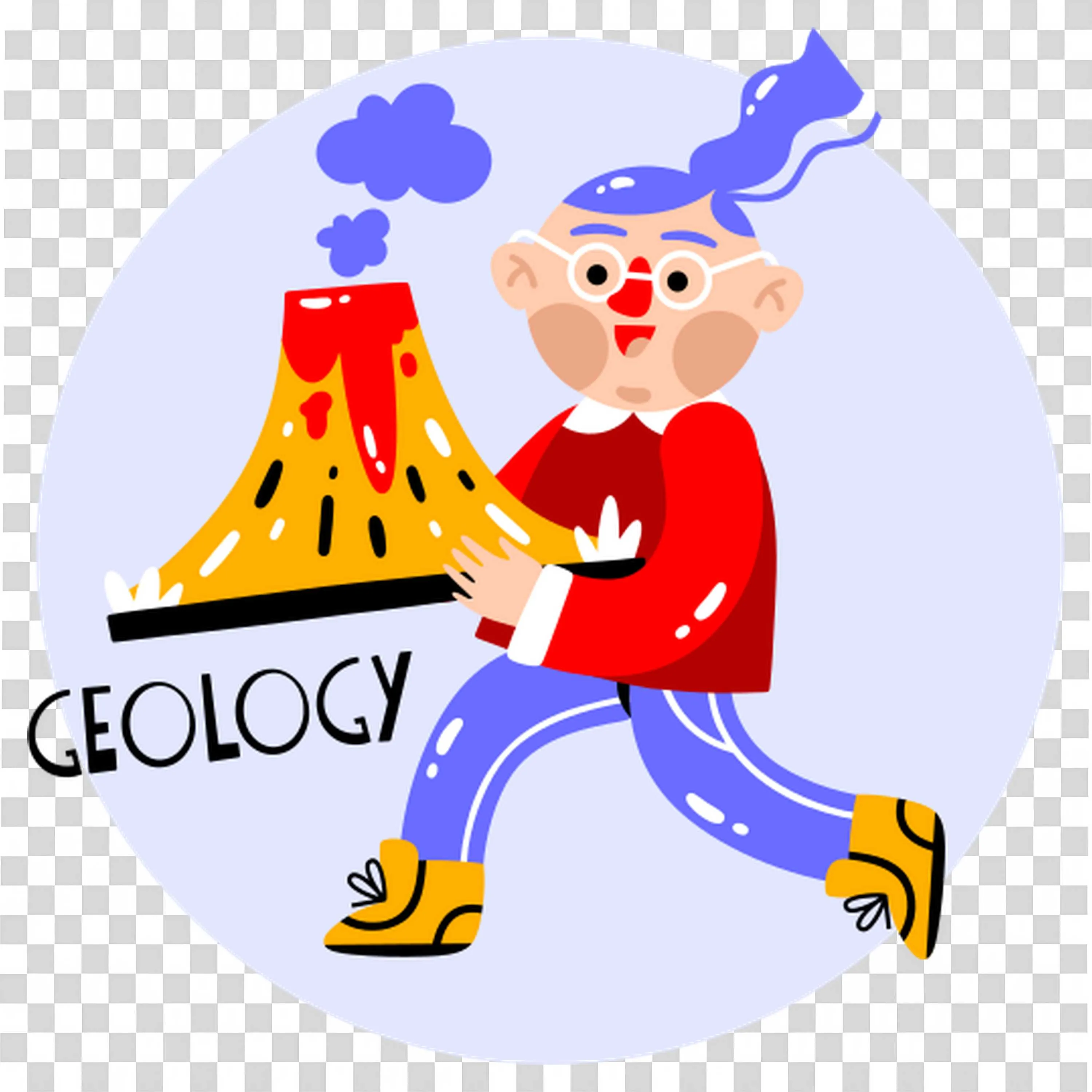 Playful Geology Image with Cartoon Scientist and Volcano