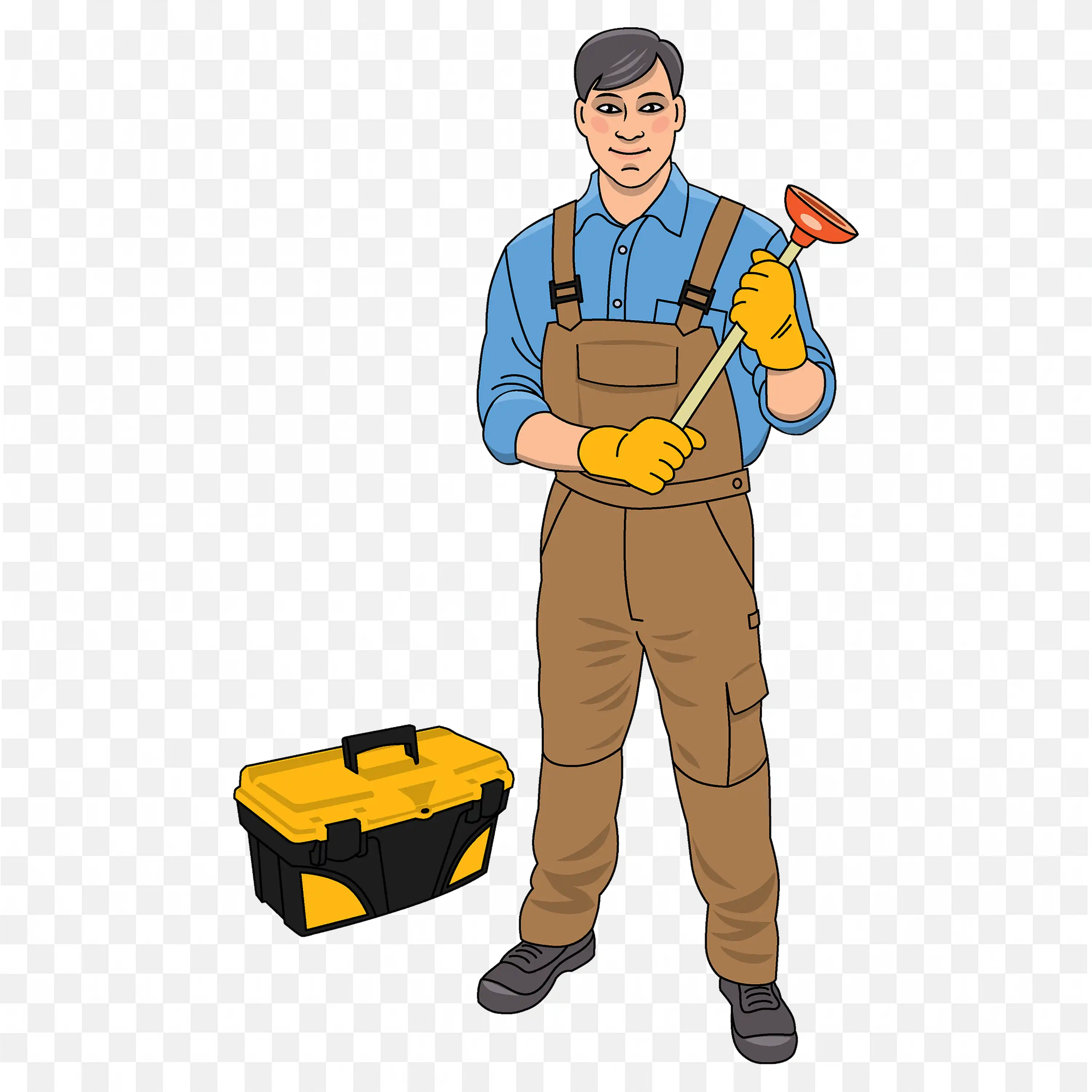 Plumber in Jump Suit with a Plunger and Toolbox Nearby PNG