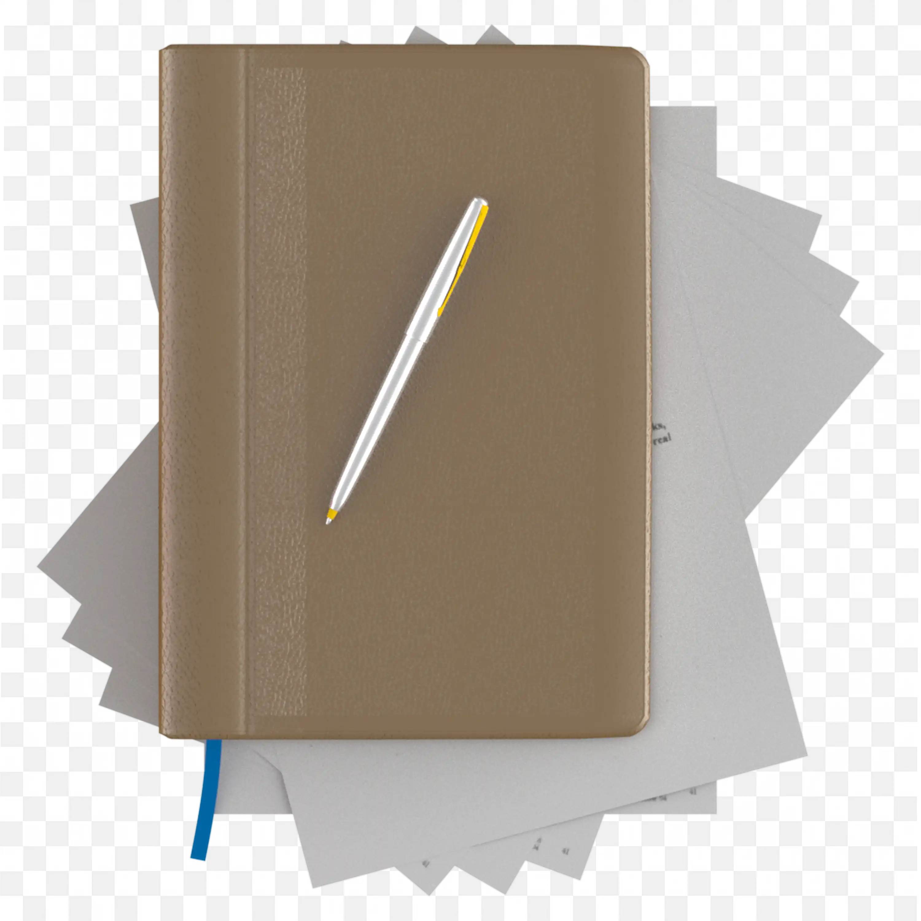 PNG of a Brown Leather Notebook with Pen on Top of Papers