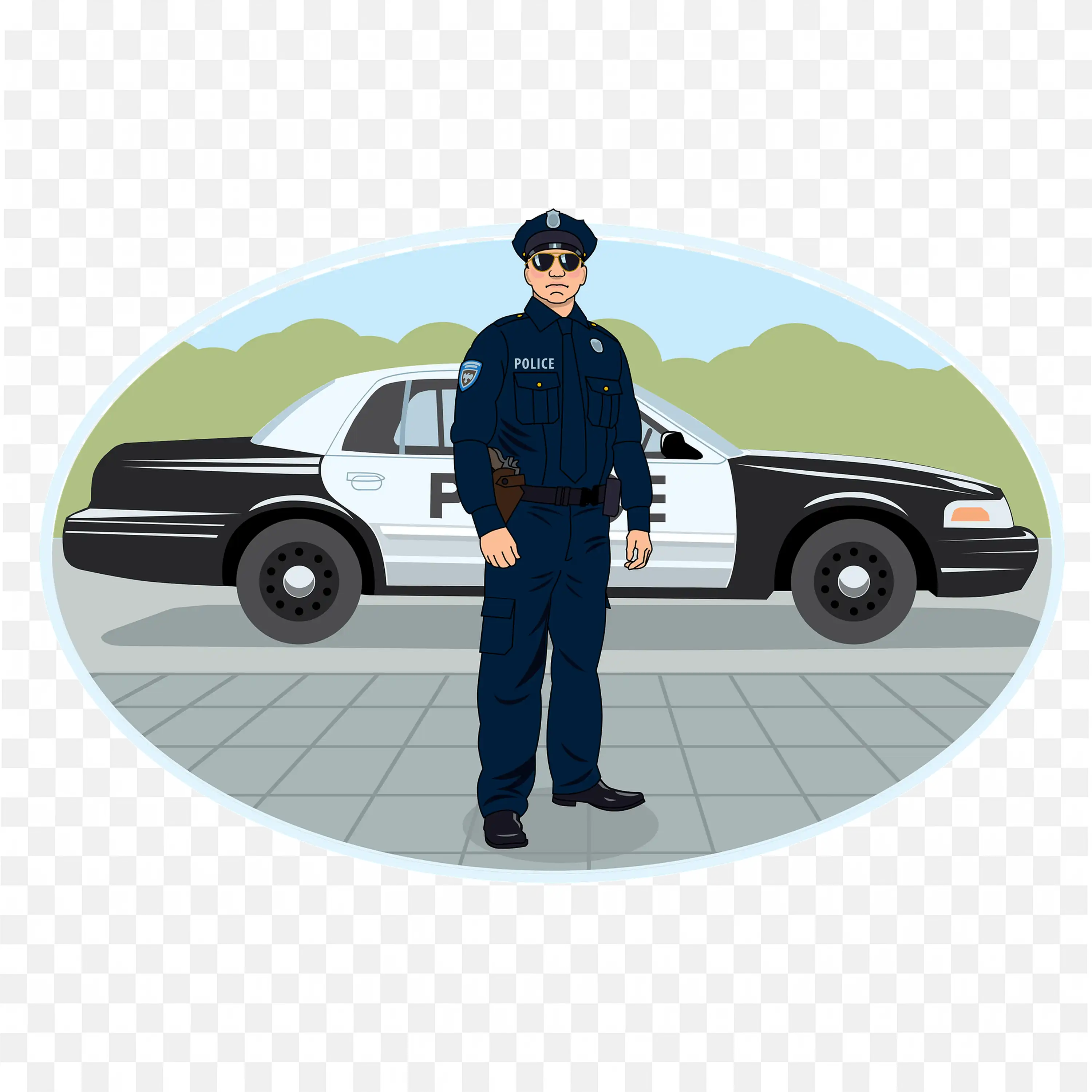 Police Officer Standing Near His Police Car on Duty PNG