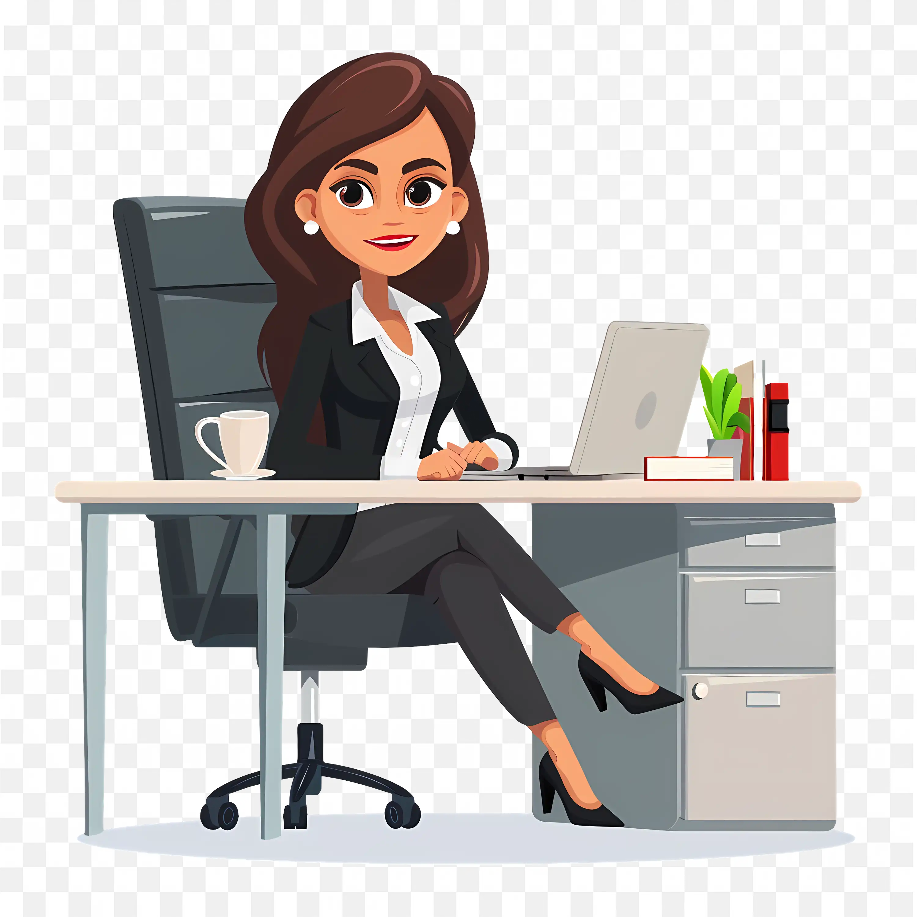 Professional Cartoon Businesswoman Working at a Desk PNG