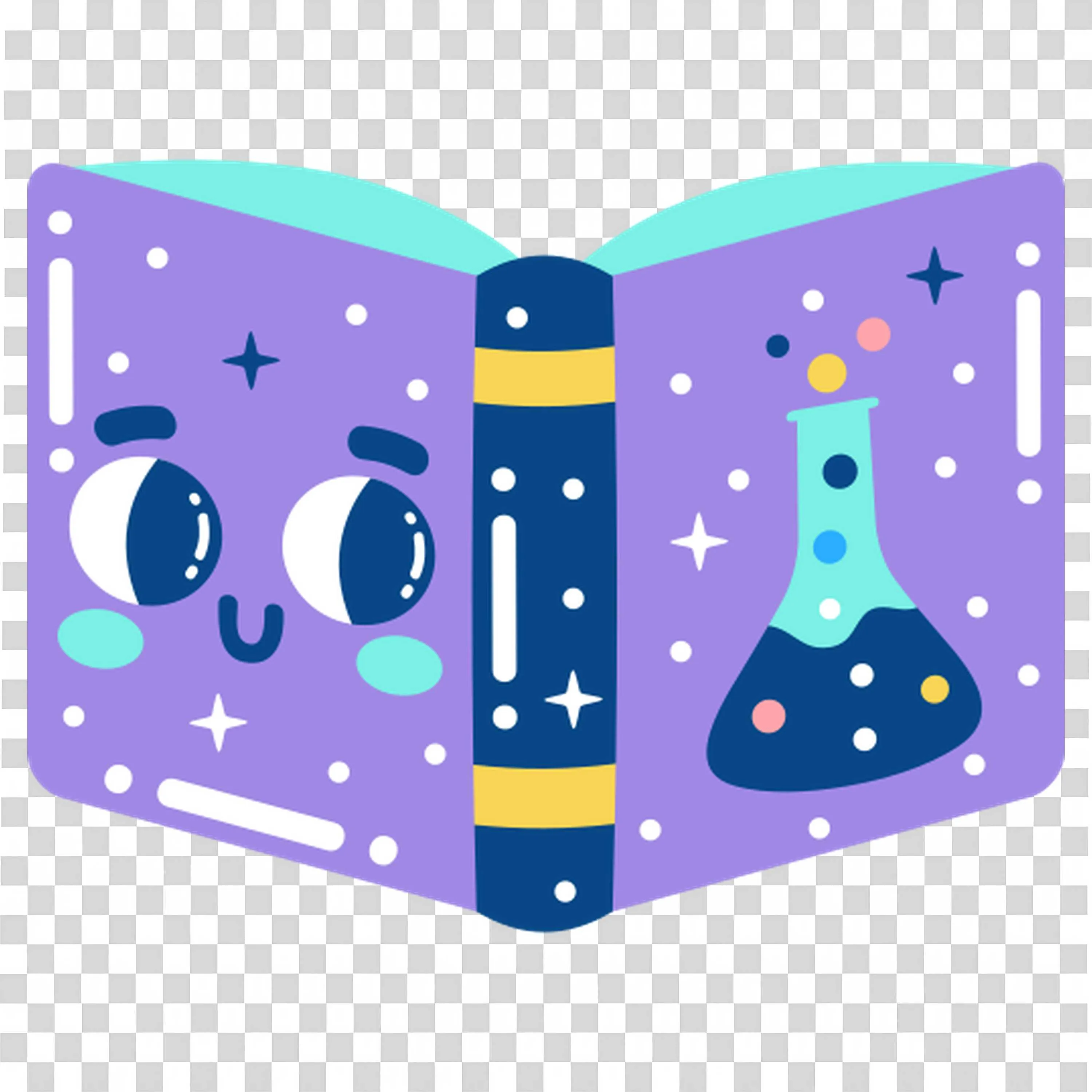 Purple Book with a Face and a Flask on the Other Page Png