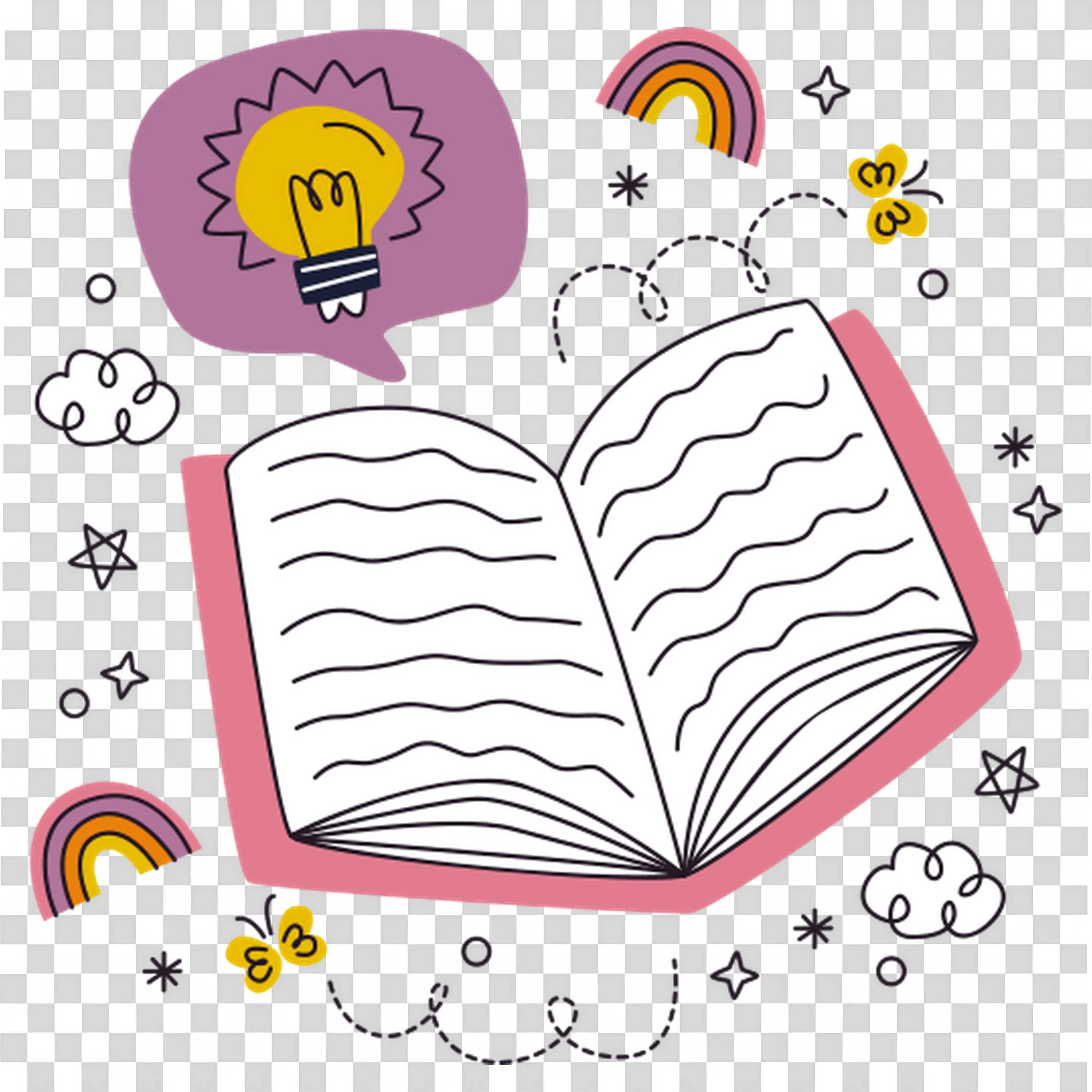 Purple Open Book with An Ideabulb and Rainbow Doodle Art Png