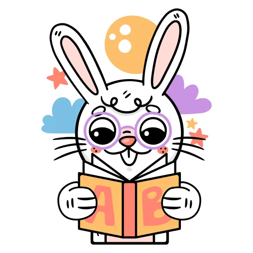 Rabbit reading open book in school library class PNG