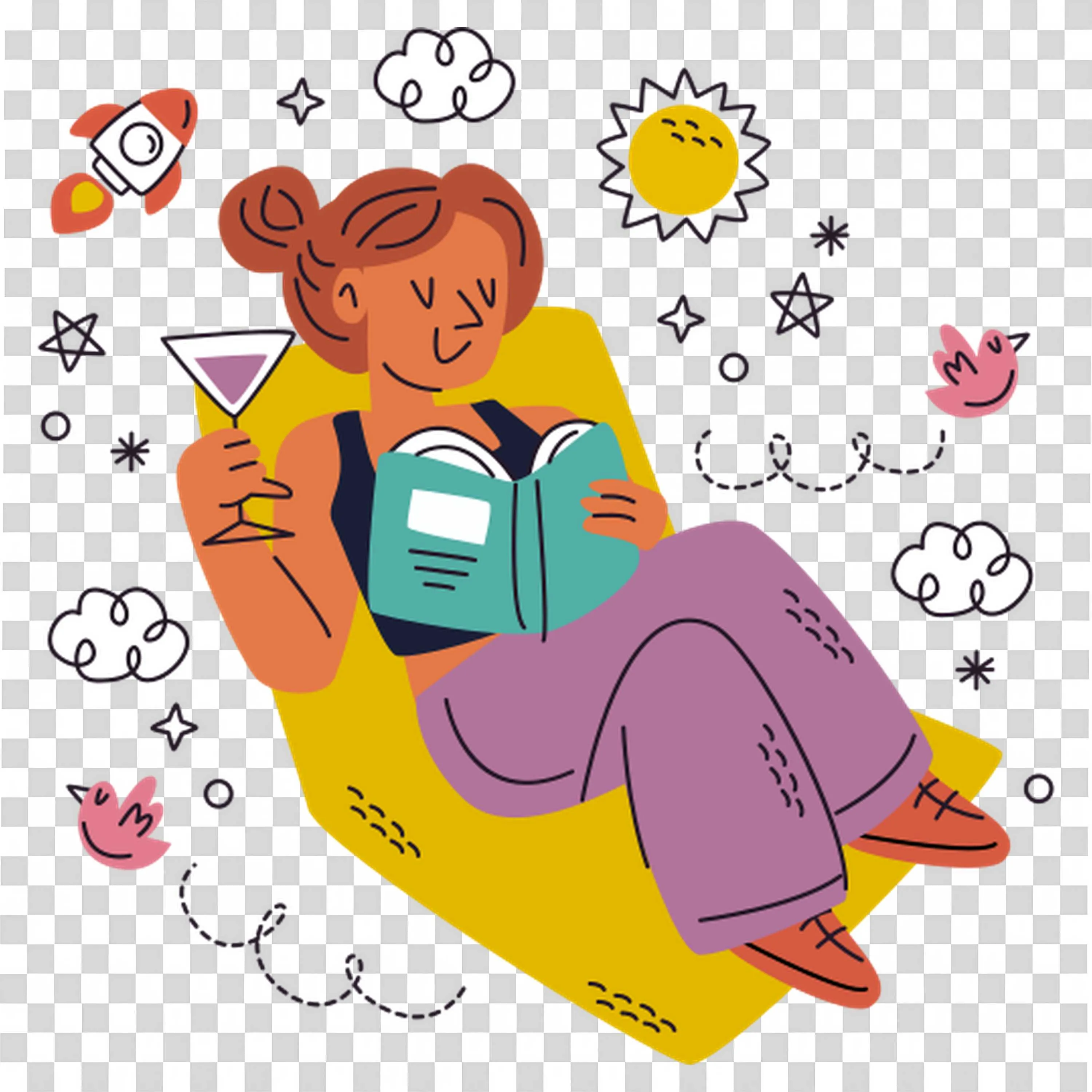 Relaxed Woman Reading a Book with a Drink Free PNG Image