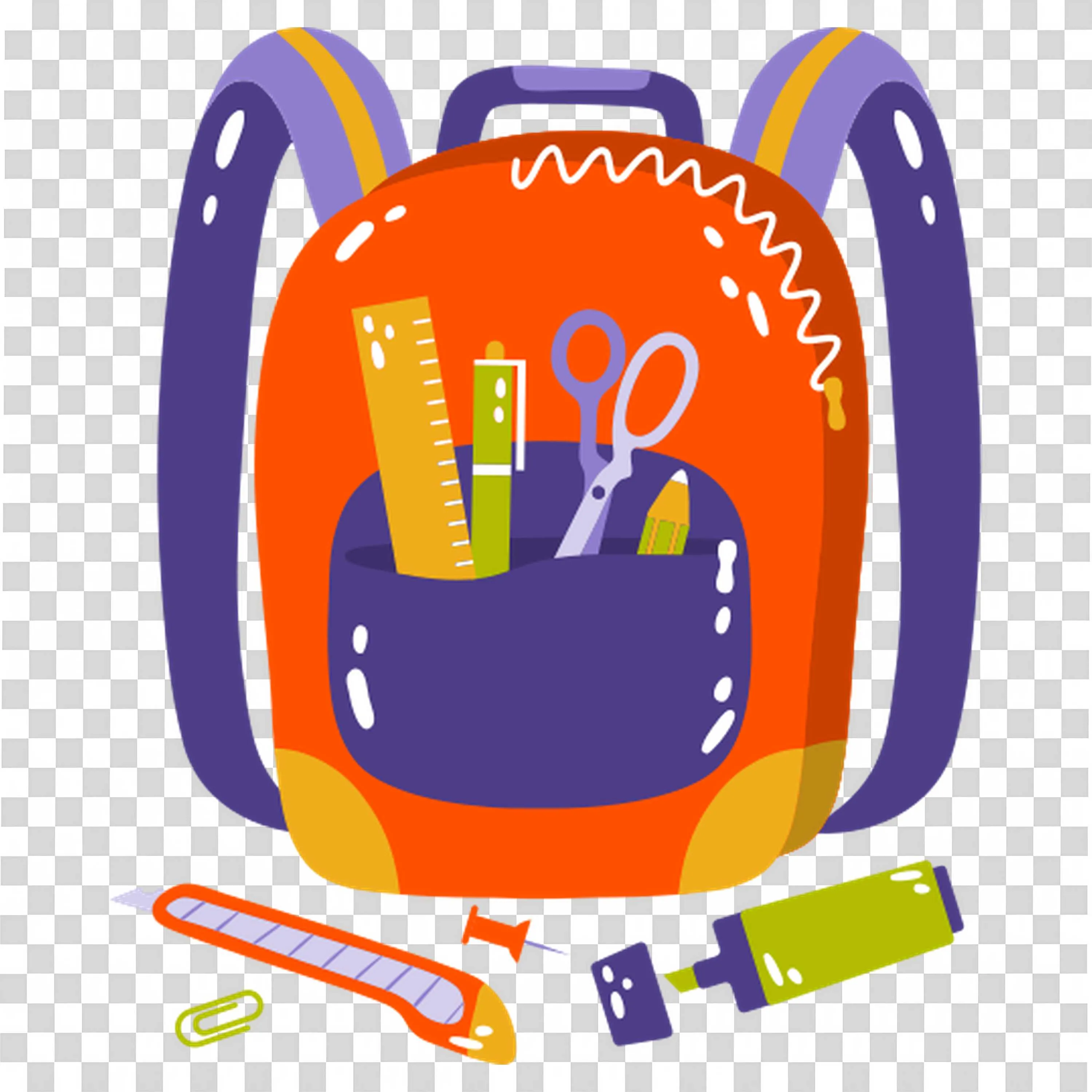 School Backpack Filled with Colourful Stationery Items Png