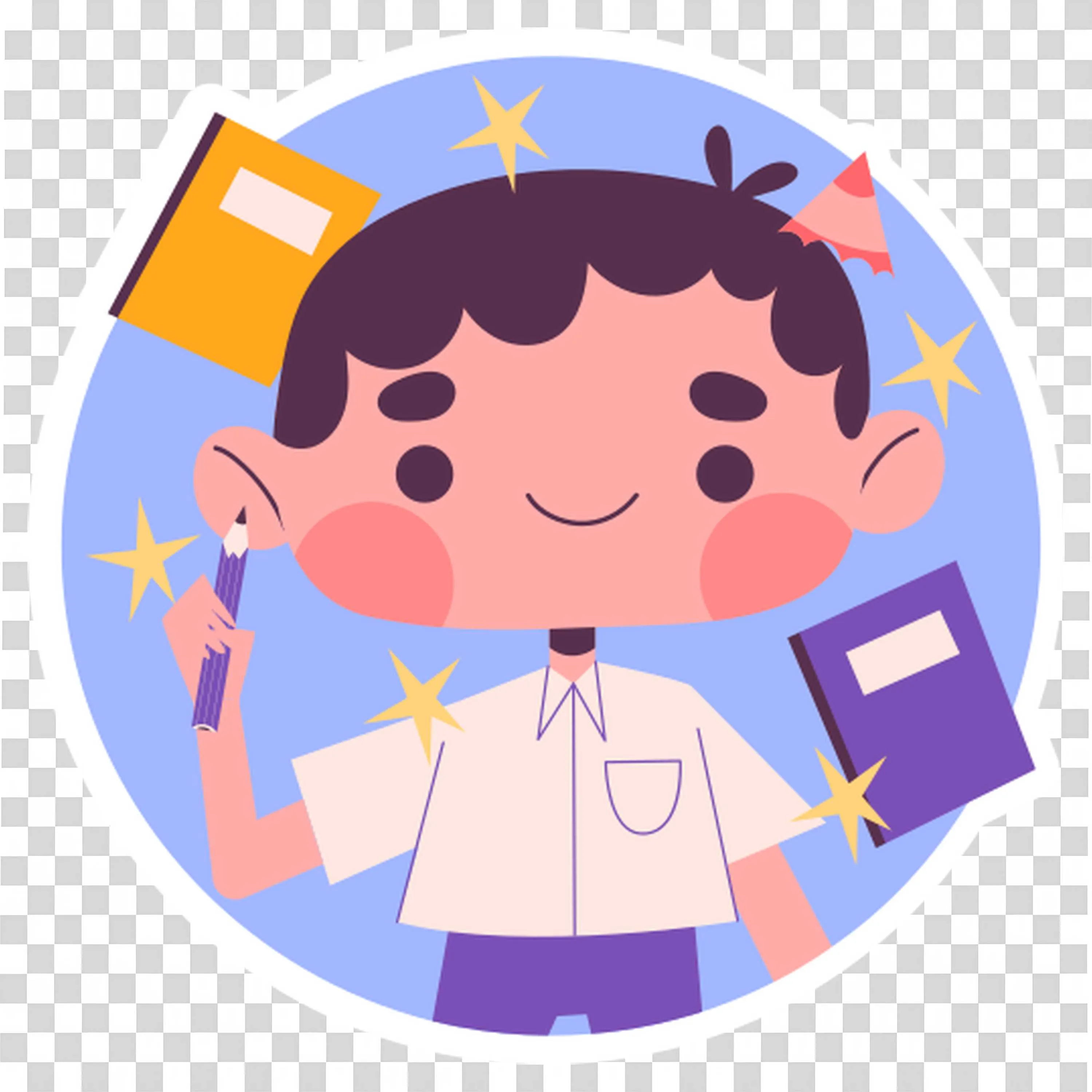 School Boy in a Circle Frame with Books and a Pencil Png