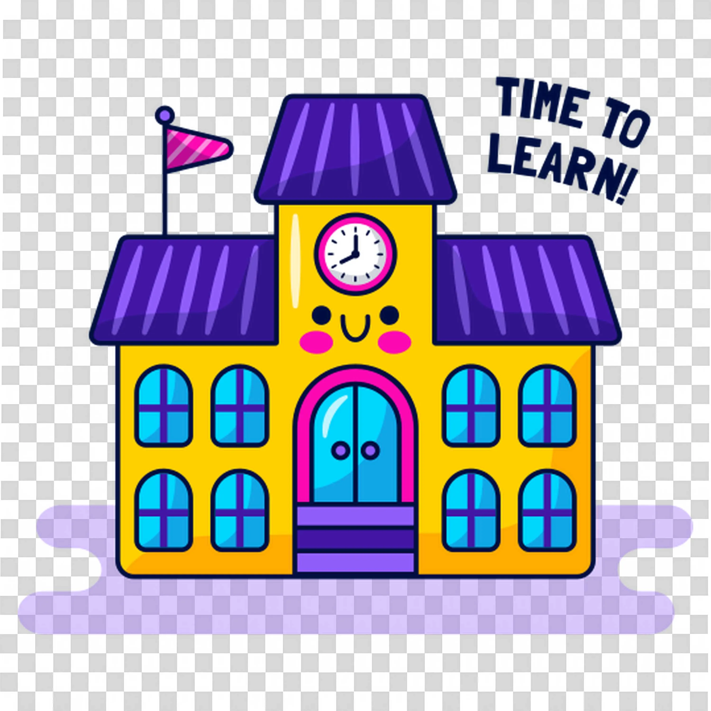 School Building with Time to Learn Sign and Flag Above Png