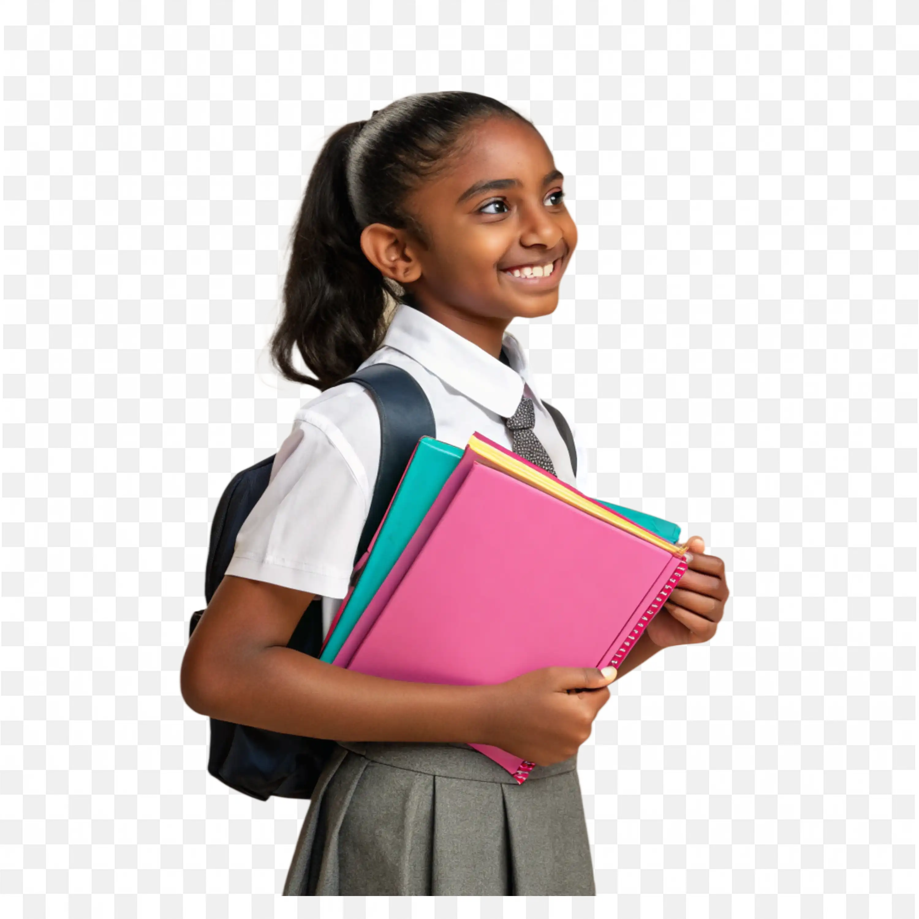 School Girl with Hair Tied with Books Smiling Happily PNG Free