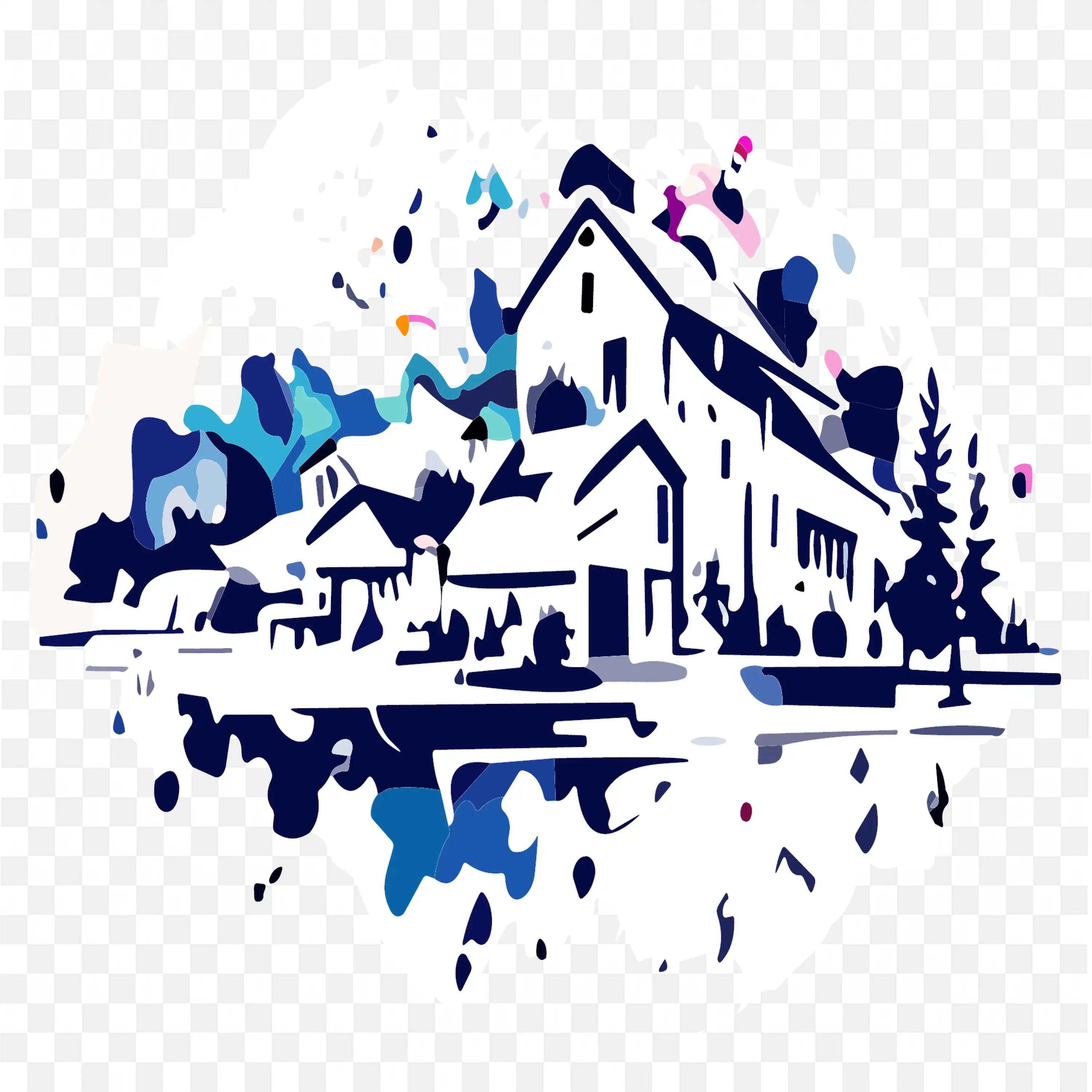 PNG Image of a School with Trees and Plants in Blue Shade