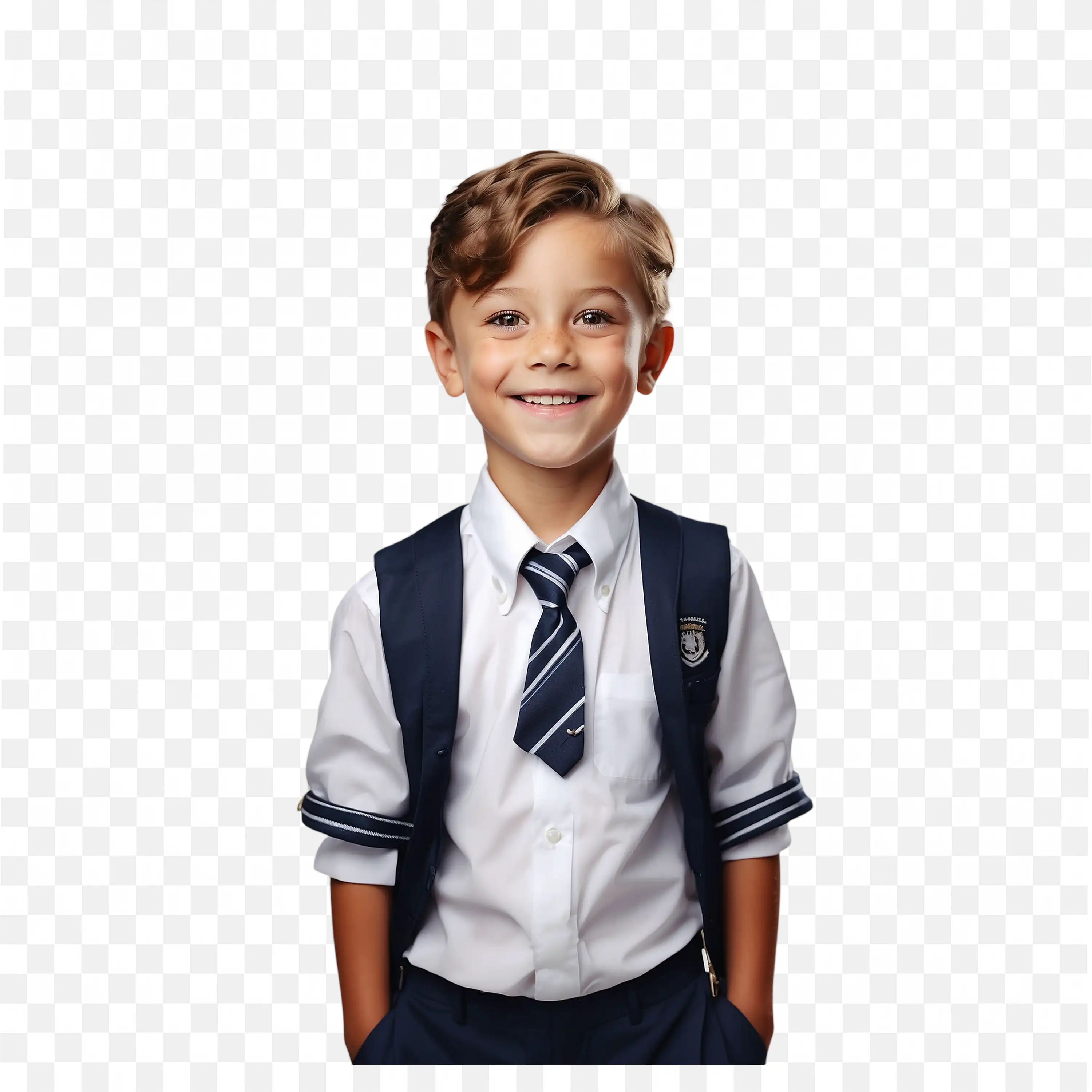 Schoolboy in a Neat Uniform and Hands in Pant Pocket PNG