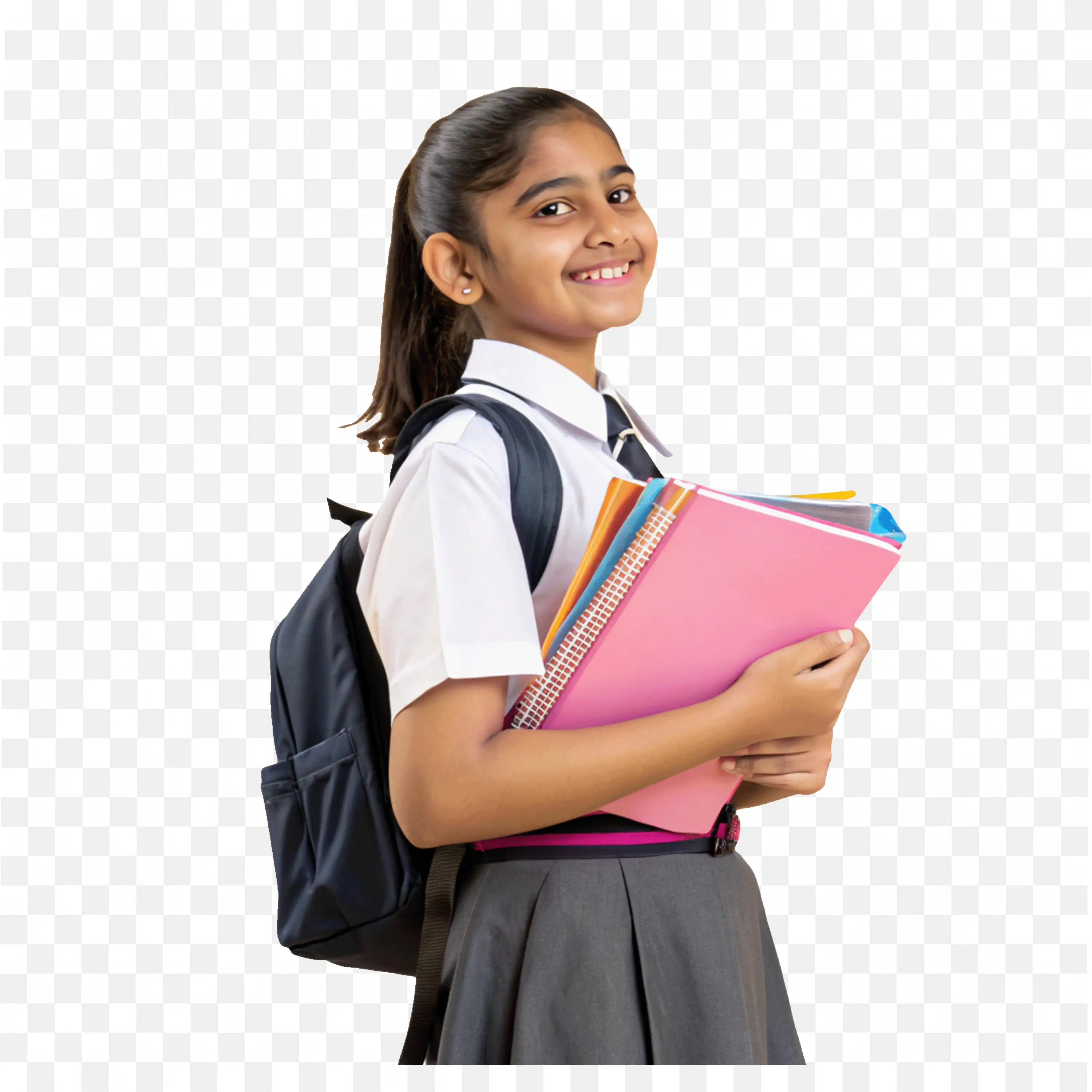 Schoolgirl Happily Ready for Class with Books and Bag PNG