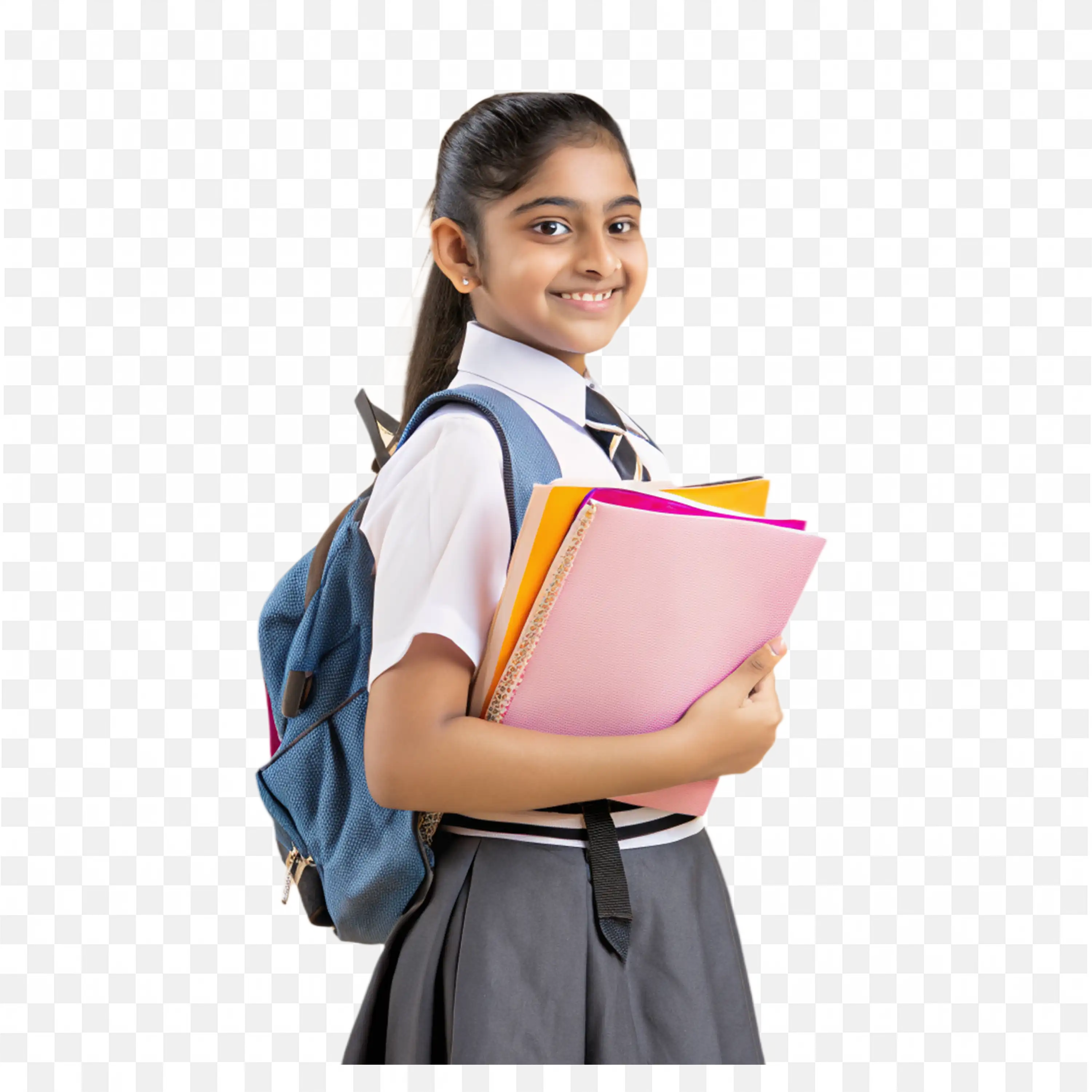 Schoolgirl in Uniform with Some Books and a Blue Backpack