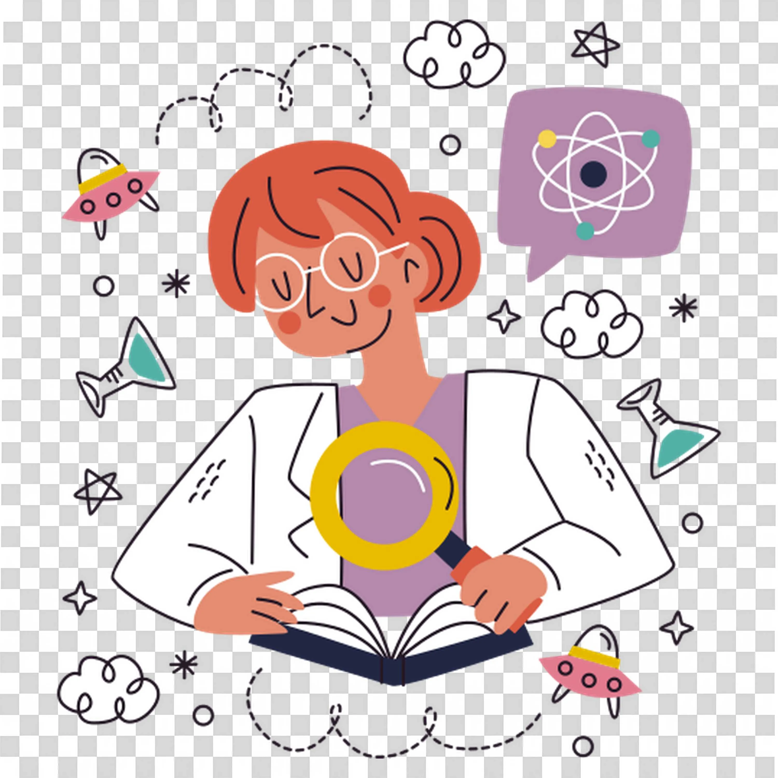 Scientist Reading Book Surrounded By Science Icons and Atoms