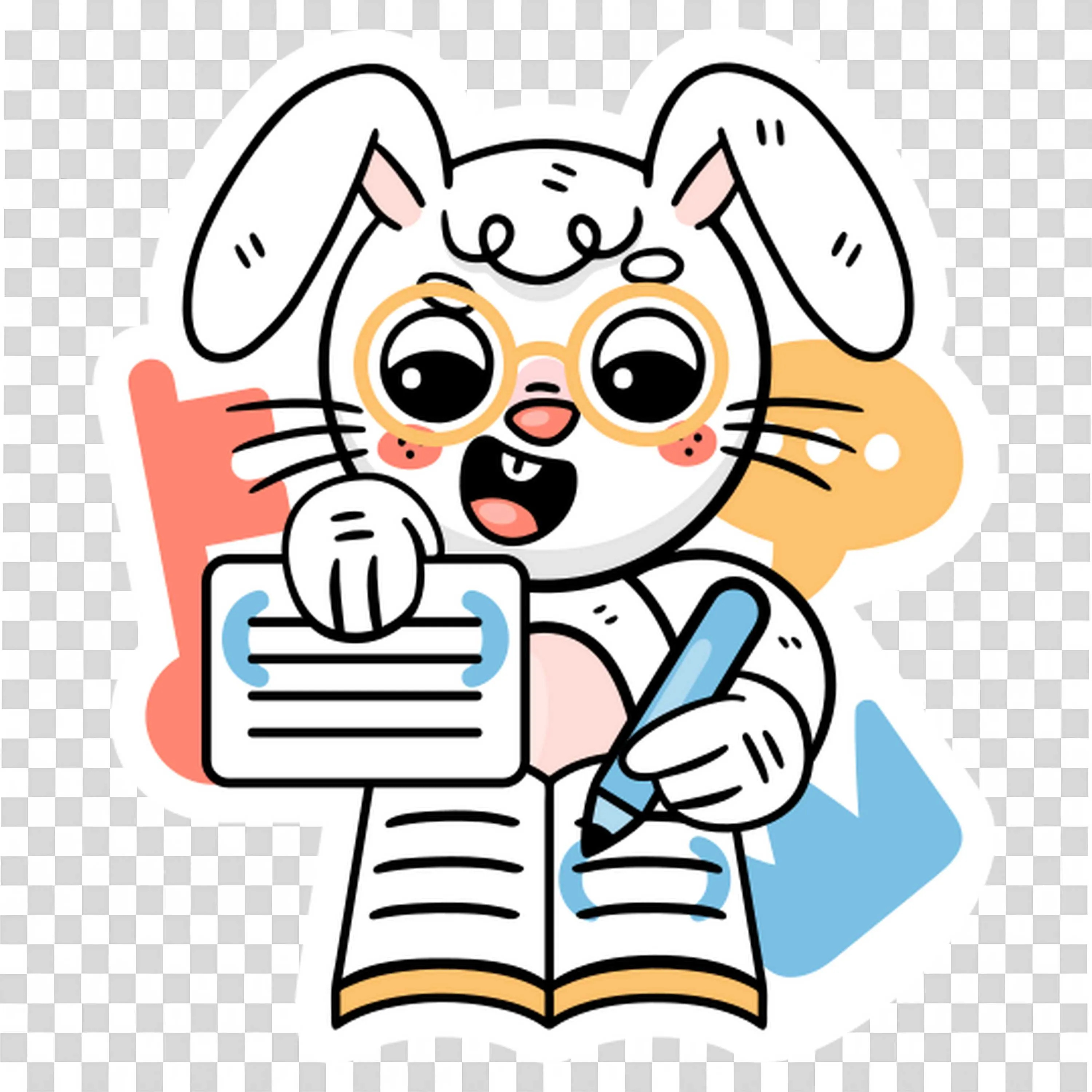 Smart Bunny Writing in a Notebook with a Pencil and Glasses
