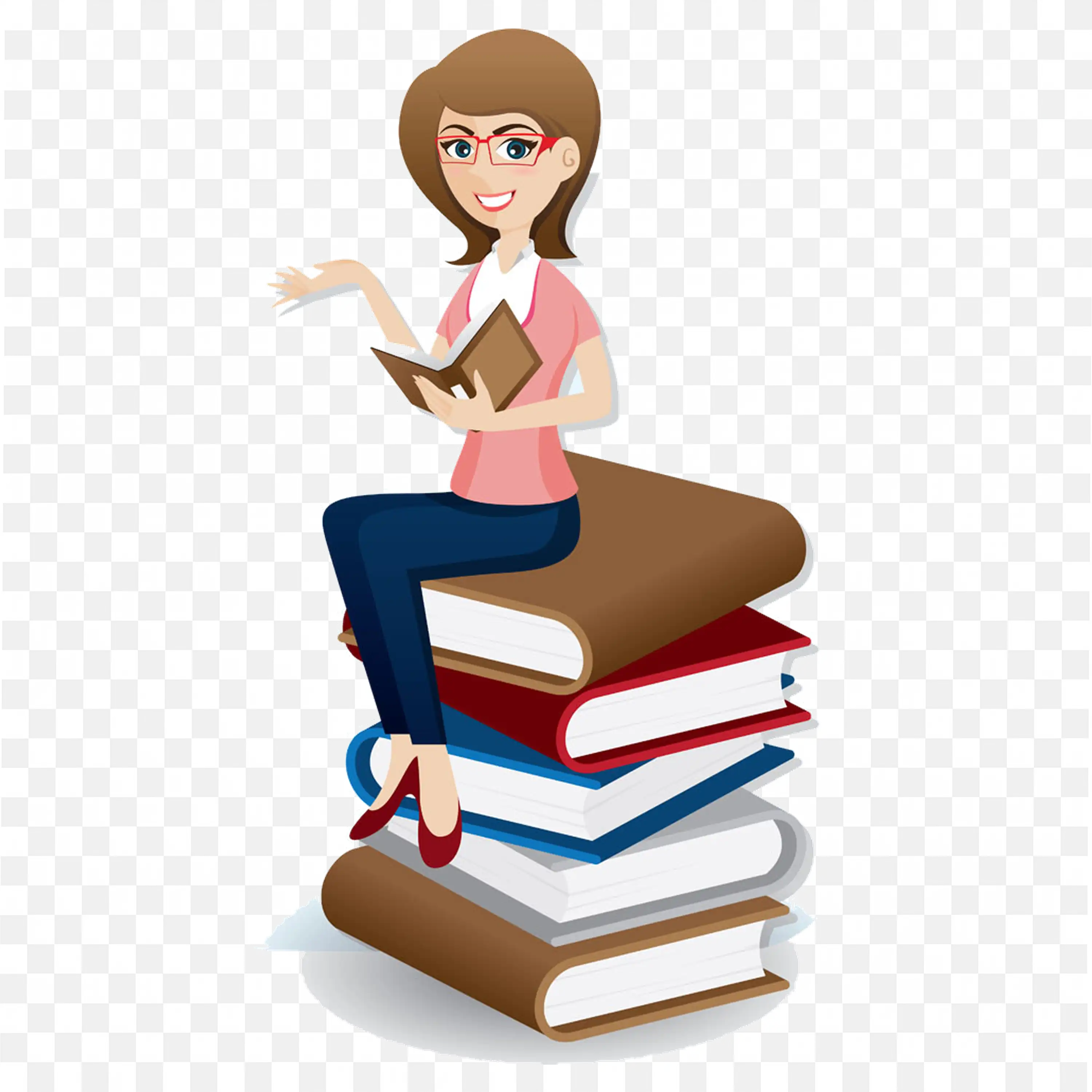 Smart Women Sitting  in a Stack of Books and Reading PNG