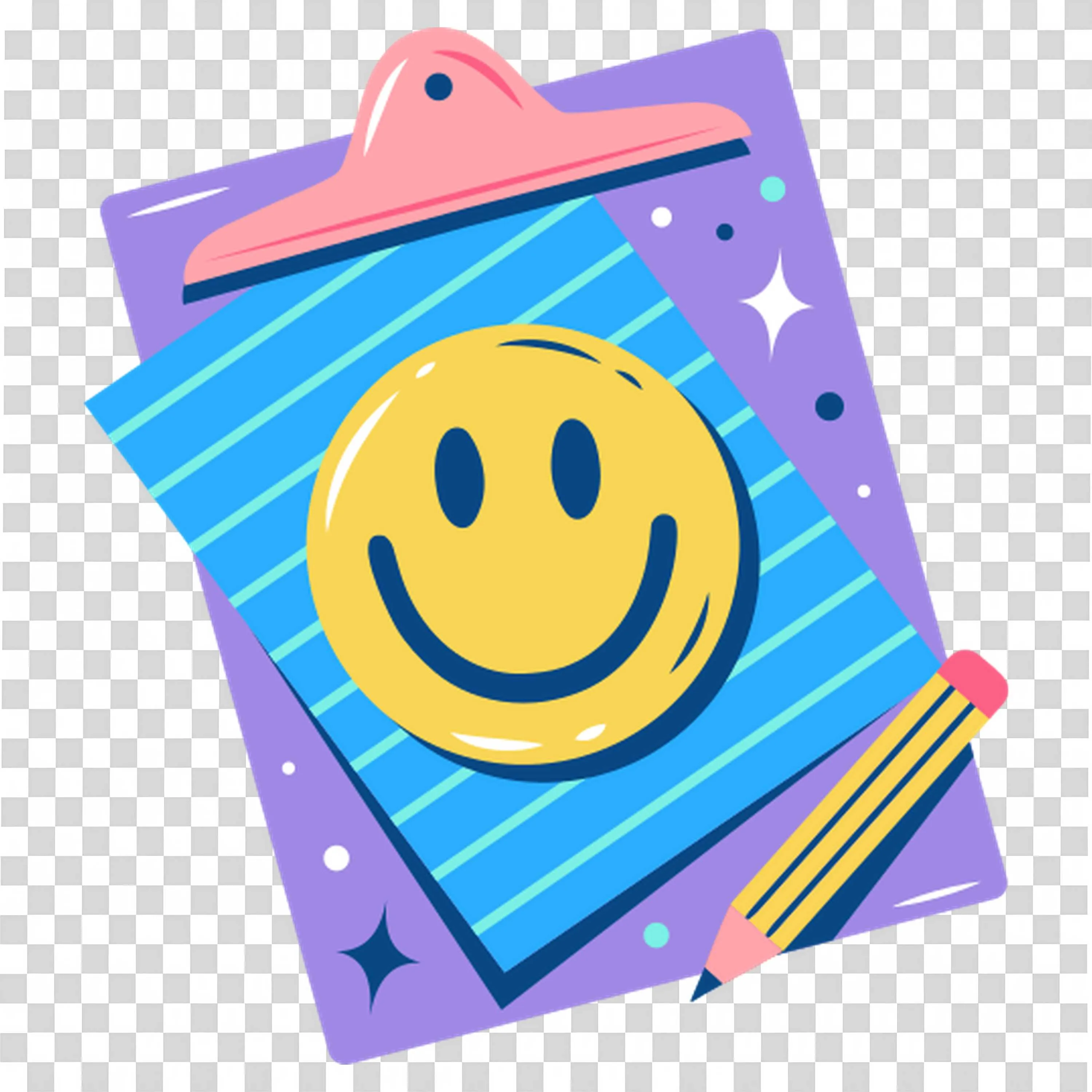 Smiley Face Notebook and Pencil on Purple Clipboard Png