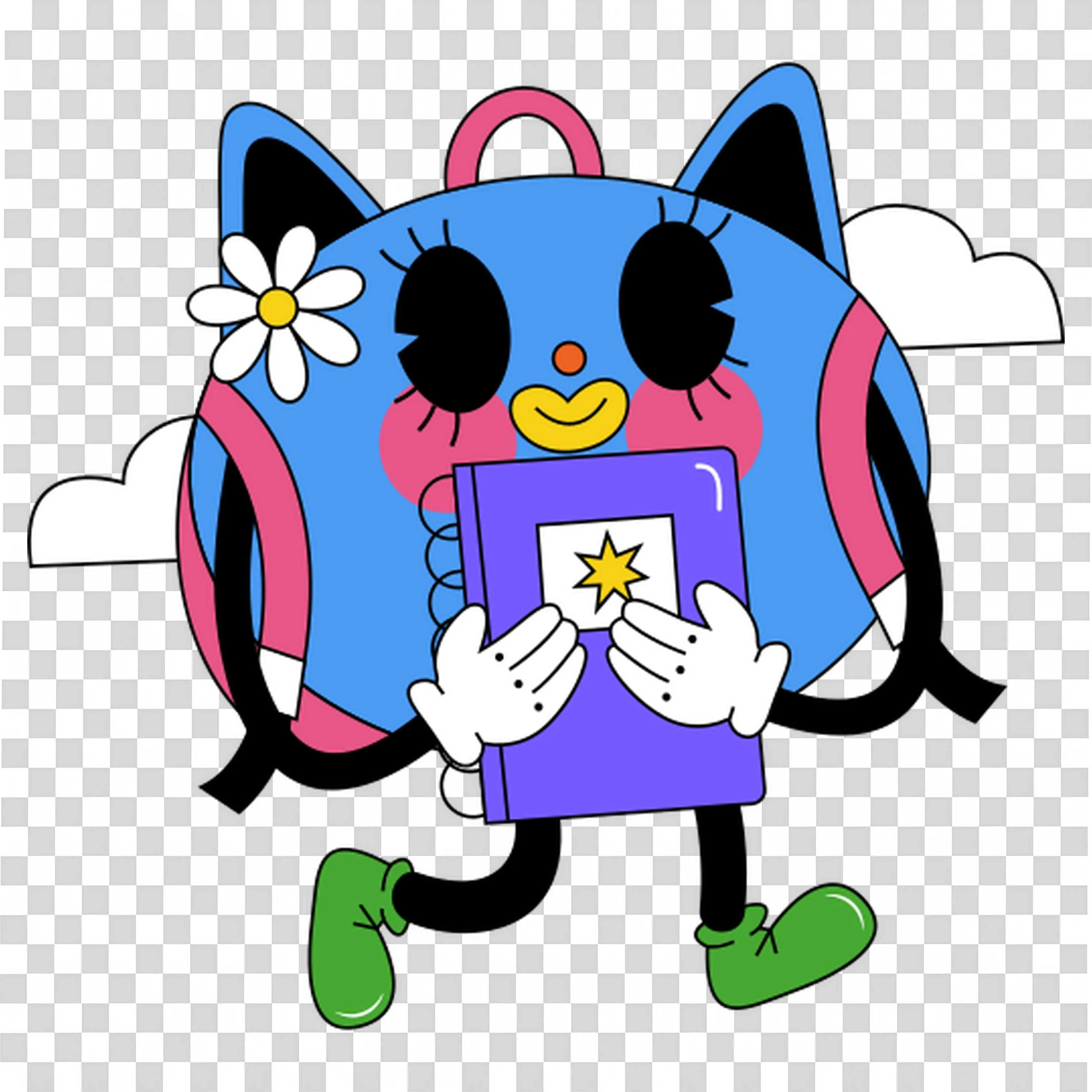 Smiling Cartoon Backpack Holding a Magical Book PNG Image