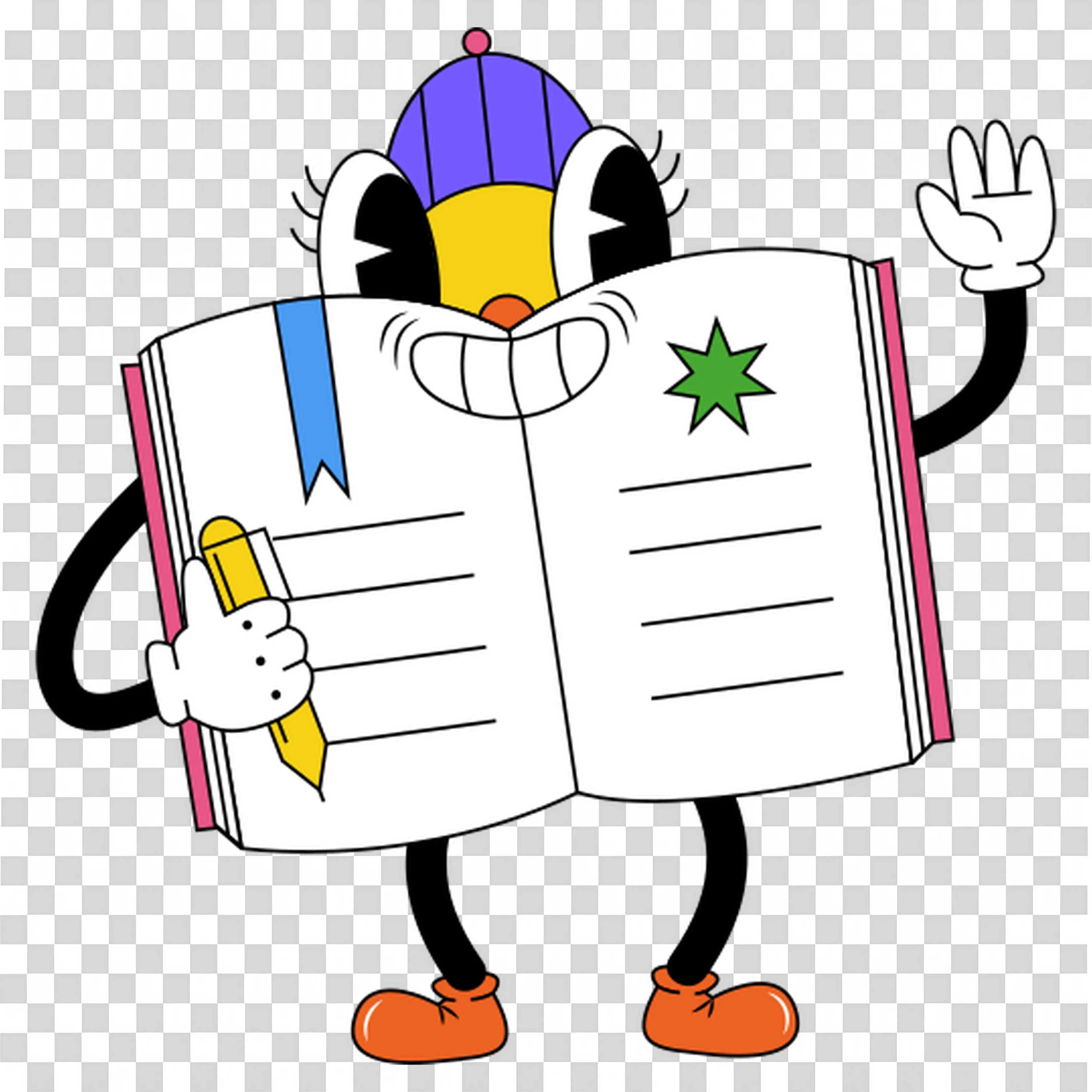 Smiling Cartoon Book Character Holding Pencil and Waving