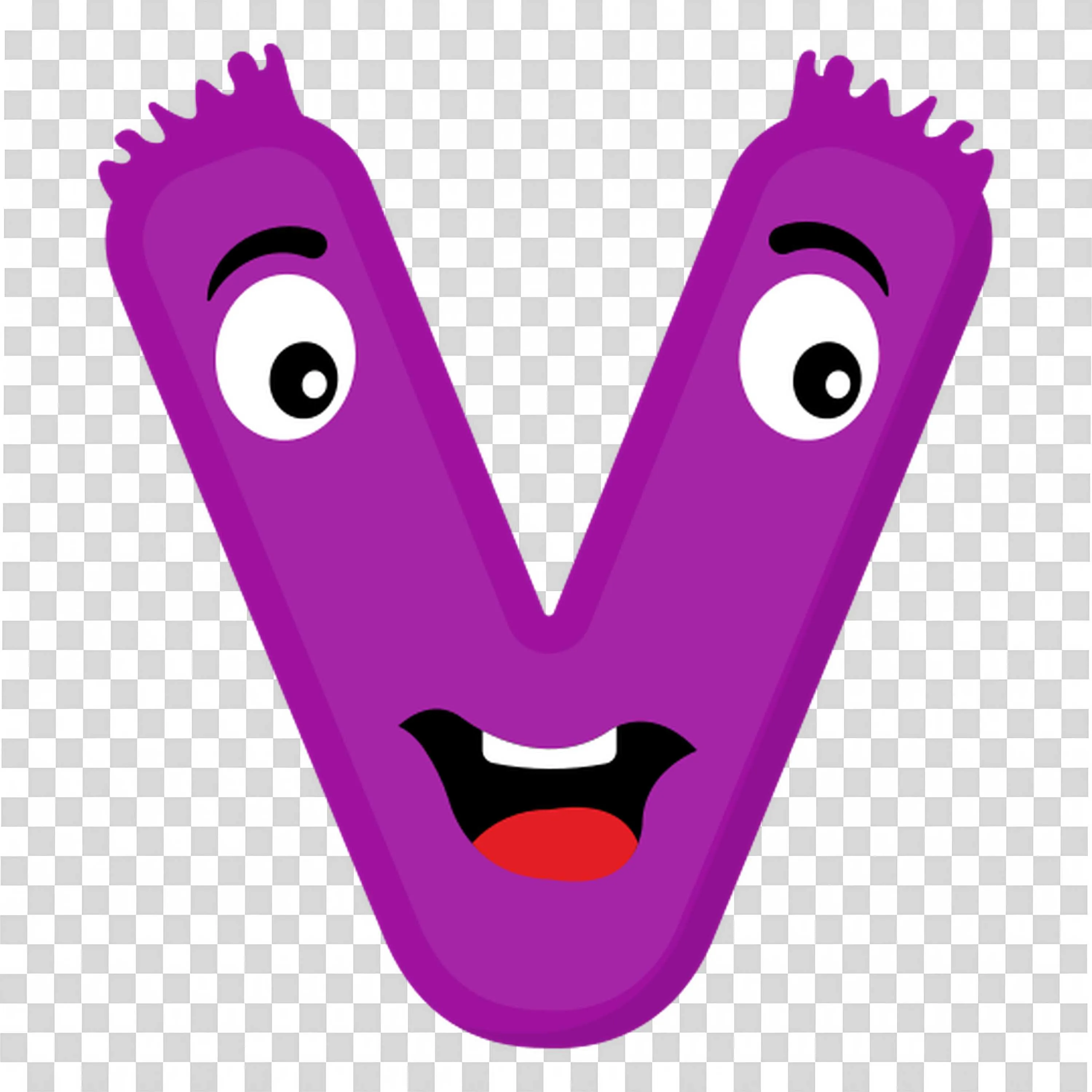 Smiling Cartoon Letter V in Bright Purple Colour PNG Image