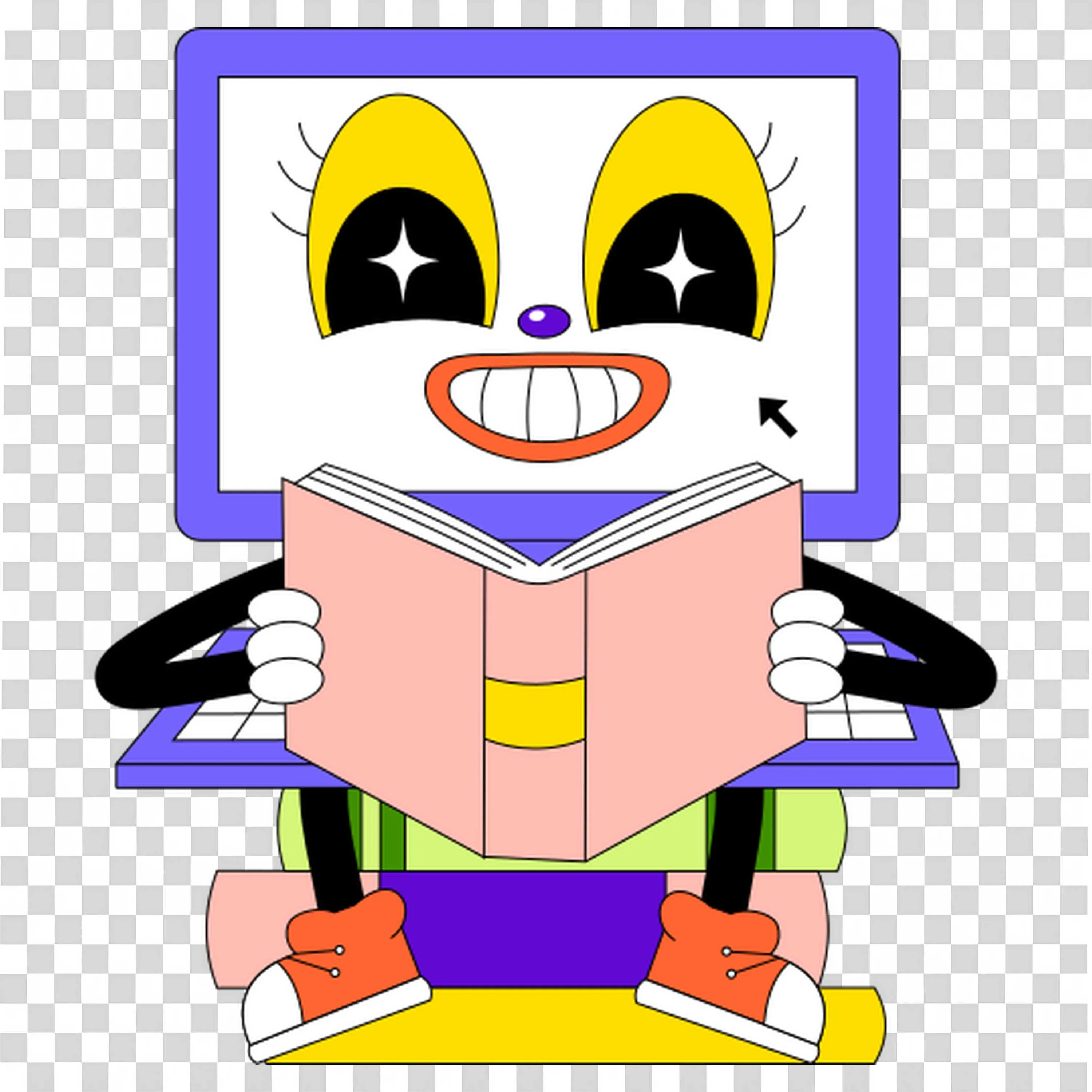 Smiling Computer Sitting Above the Books and Reading Book