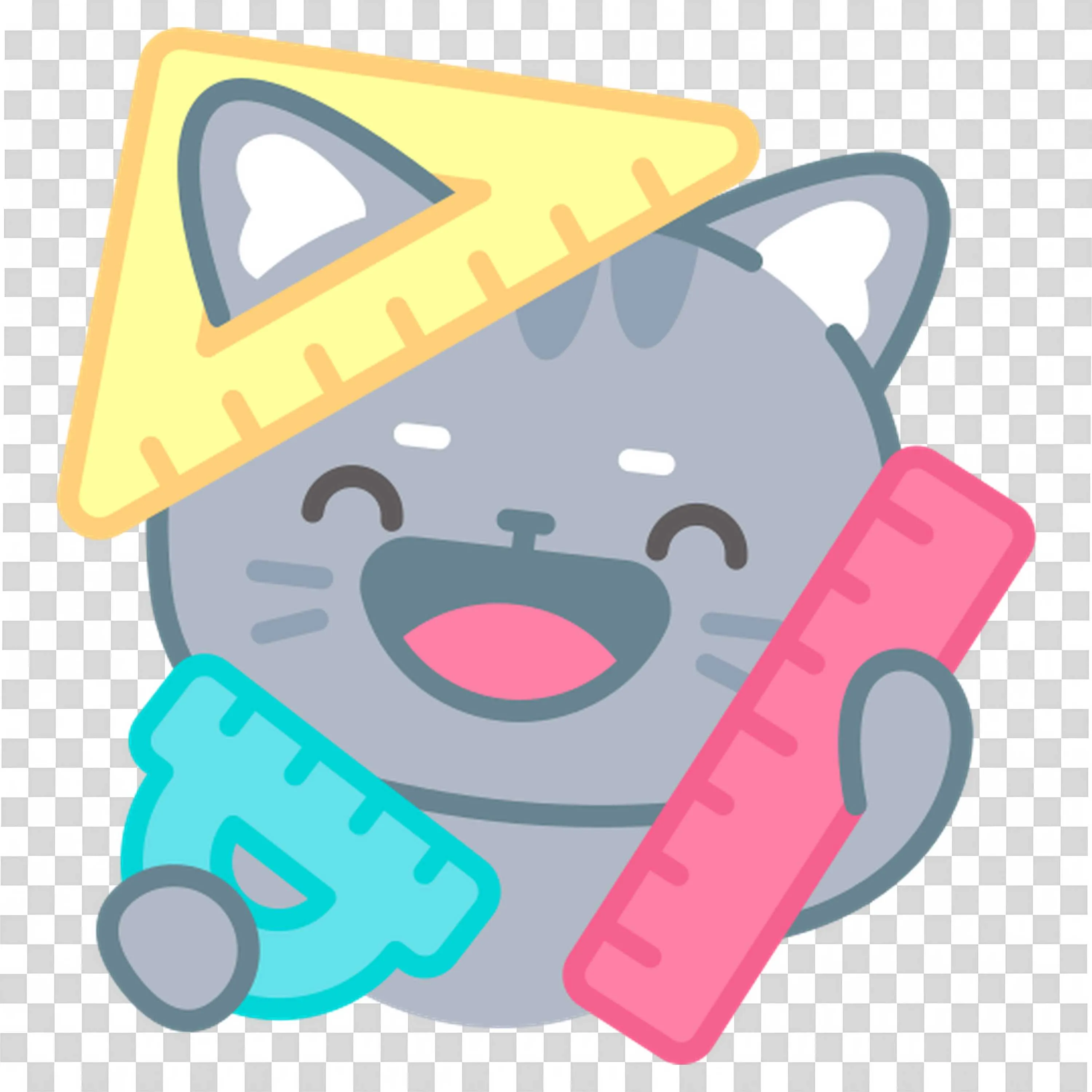 Smiling Gray Cat with Colourful Rulers and Geometry Tools