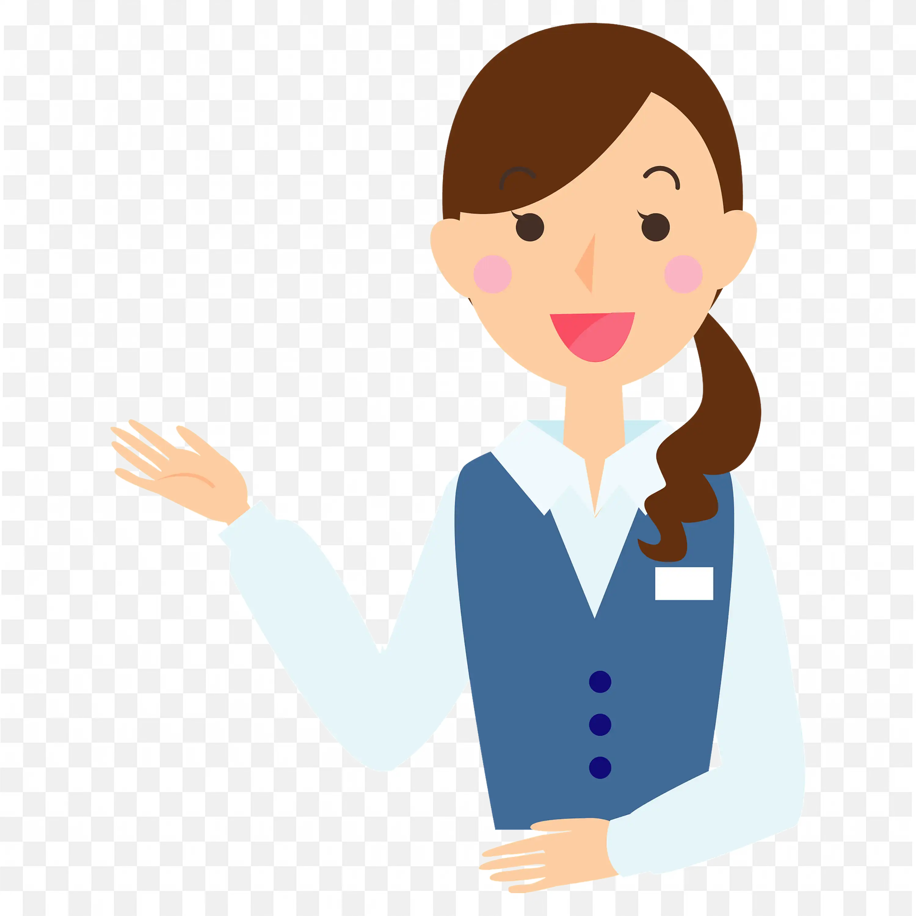 Smiling Woman in Blue Dress Directing with One Hand Png