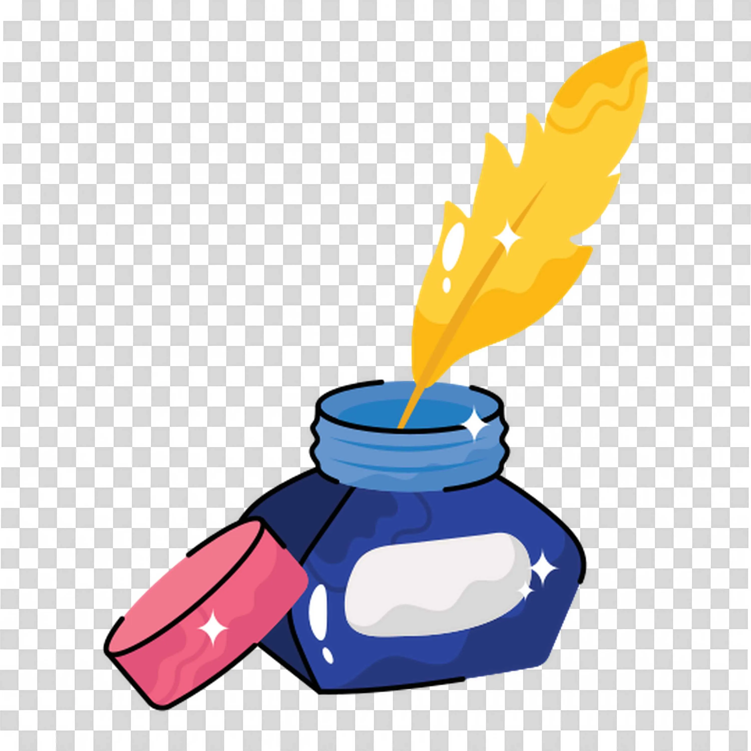 Sparkling Blue Ink Bottle with a Yellow Feather Quill Png