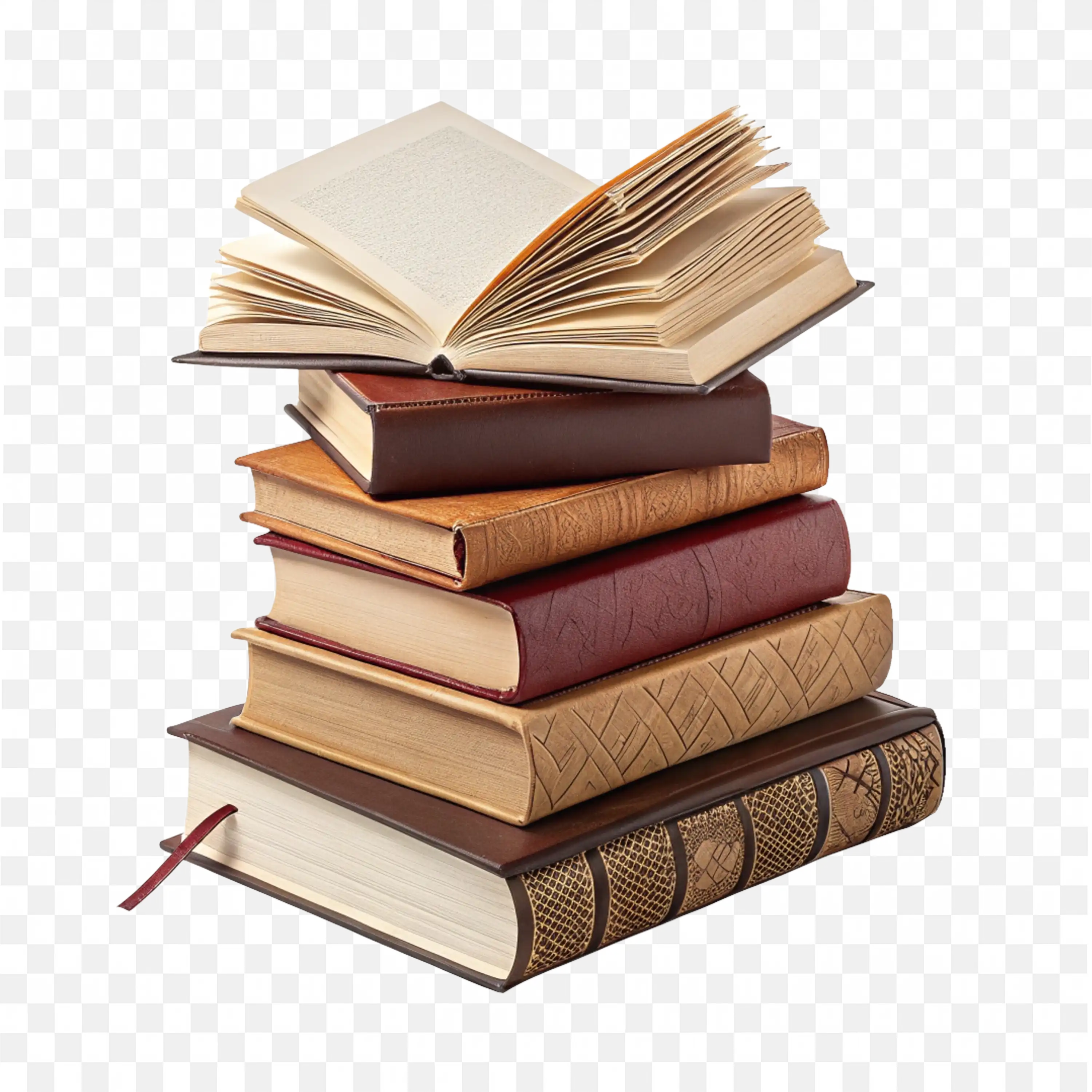 Stack of Old Books with Open Hardcover on Top PNG