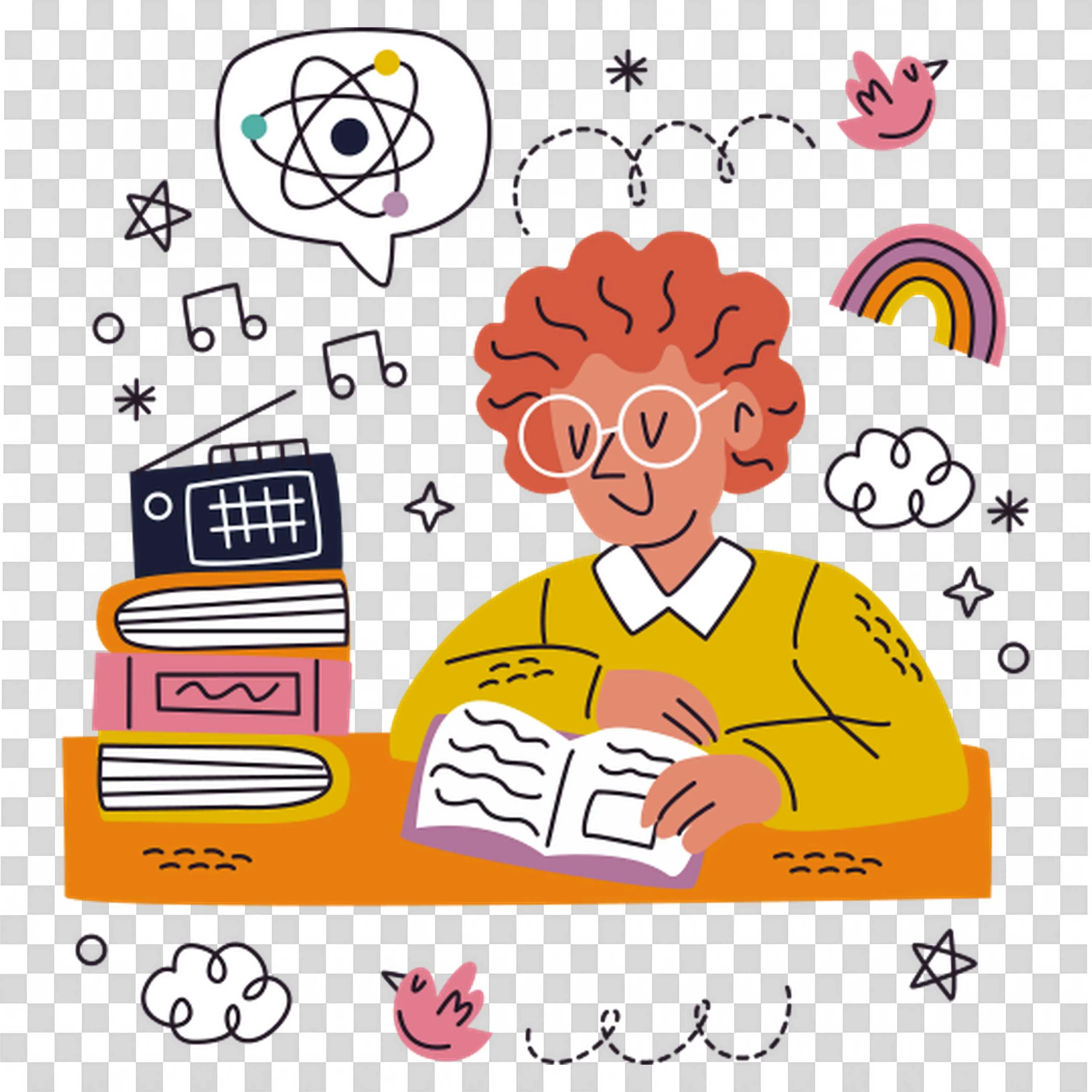 Student Studying Illustration with Science Elements Png