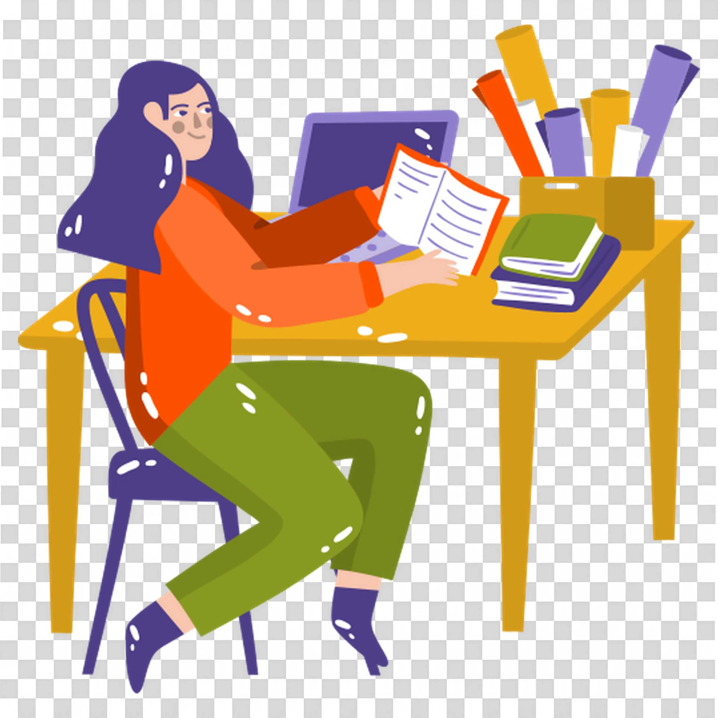 Student Studying on the Desk with Books and a Laptop Png