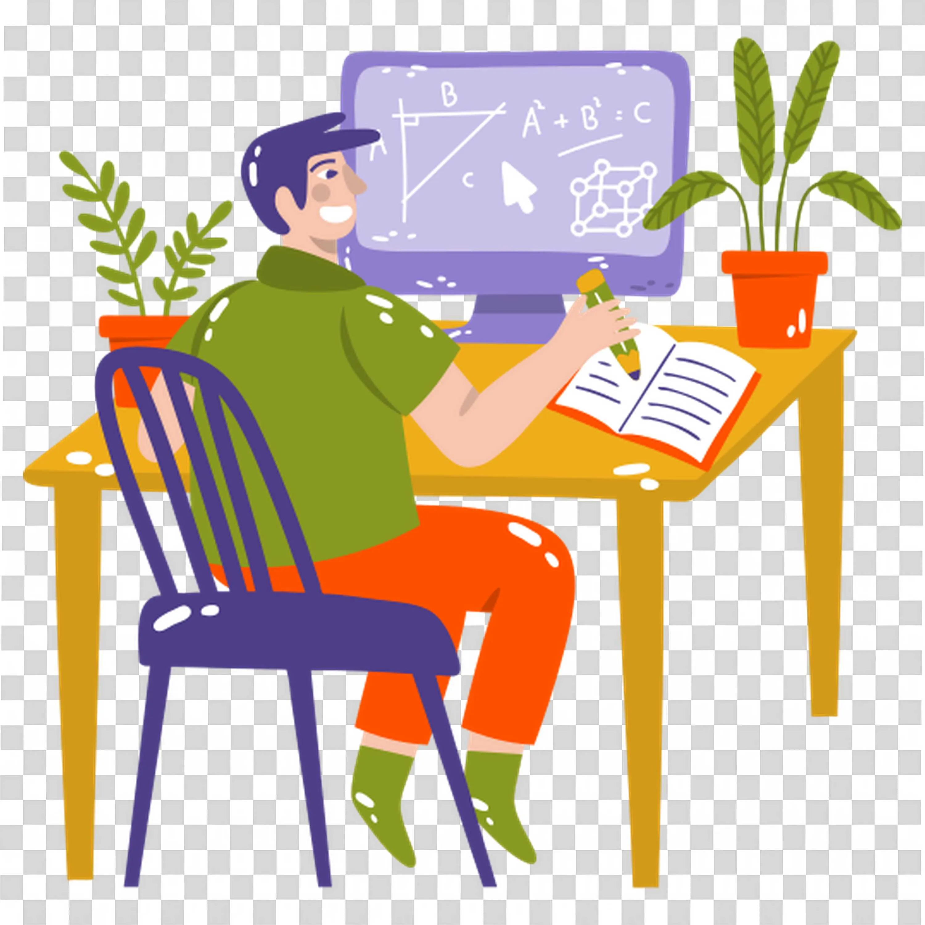 Student Studying Science and Math at Desk with Blackboard