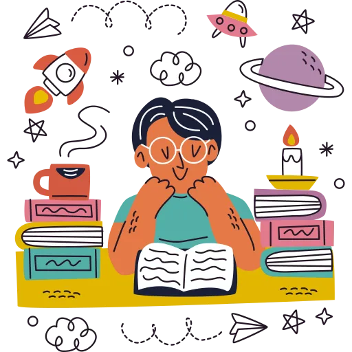 Student studying science with books and experiment tools