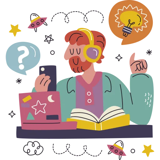 Student Surrounded by Books Questions and Puzzles free PNG