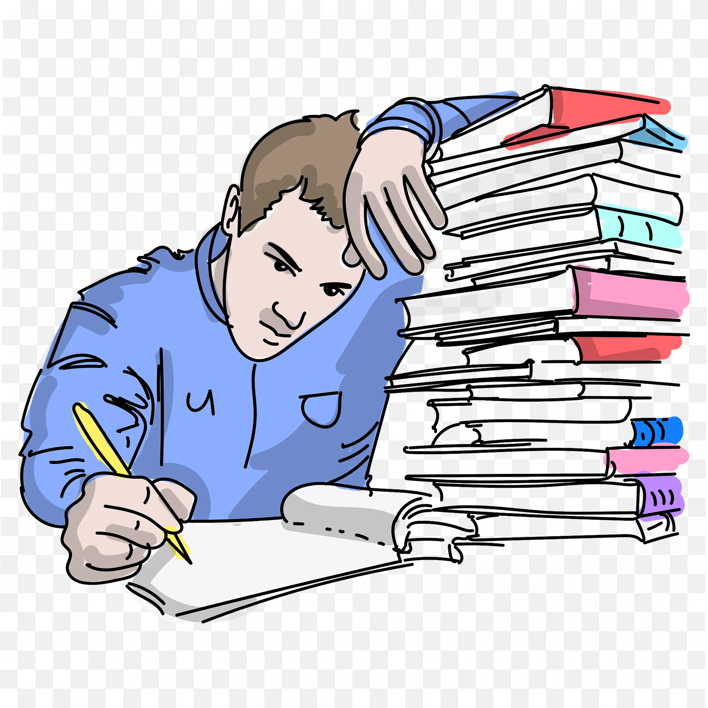 Student Writing Stress Near the Stack of Books Image Free