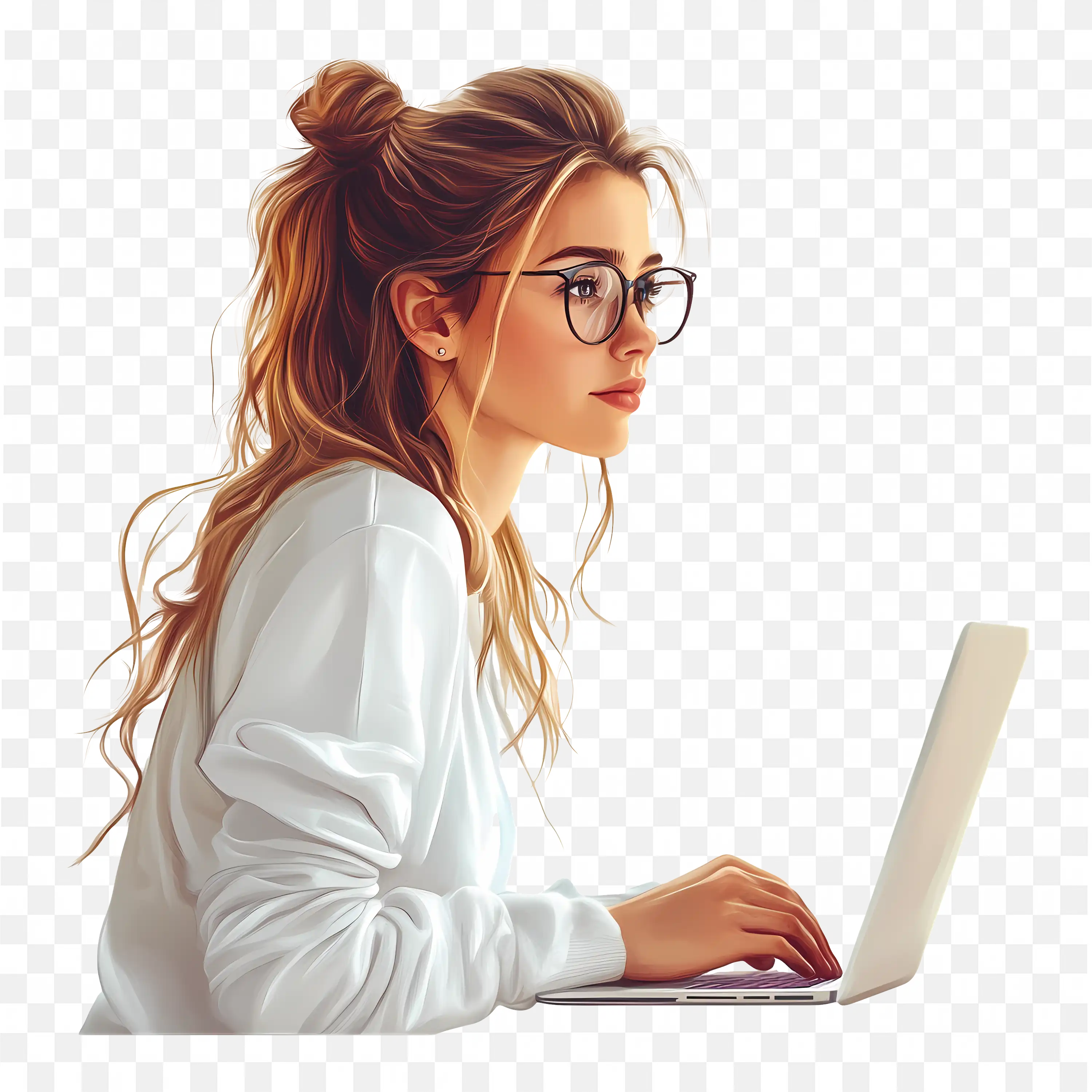 Stylish Girl with Glasses and Laptop in a White Sweater PNG