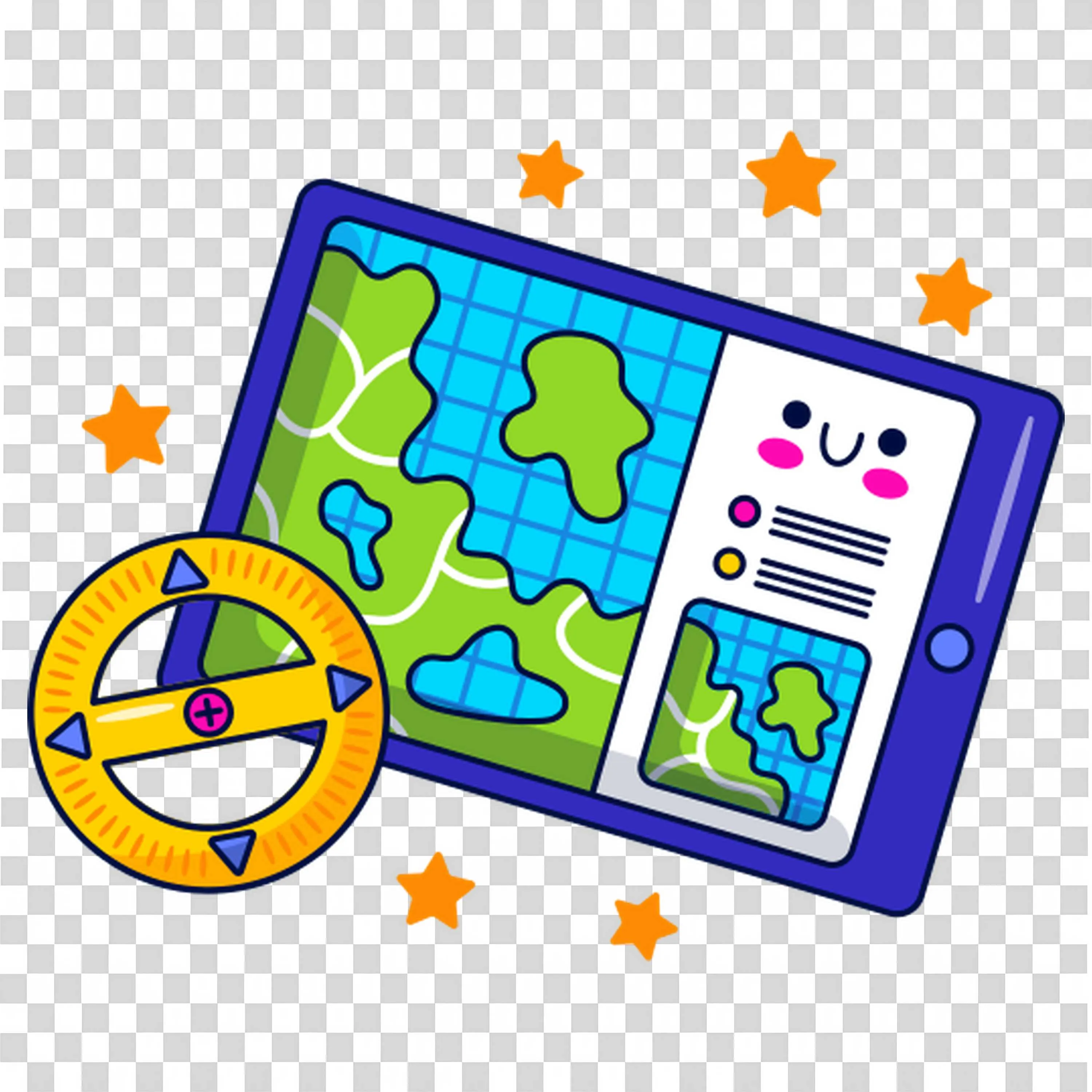Tablet Showing Map and Compass with Stars Around It Png