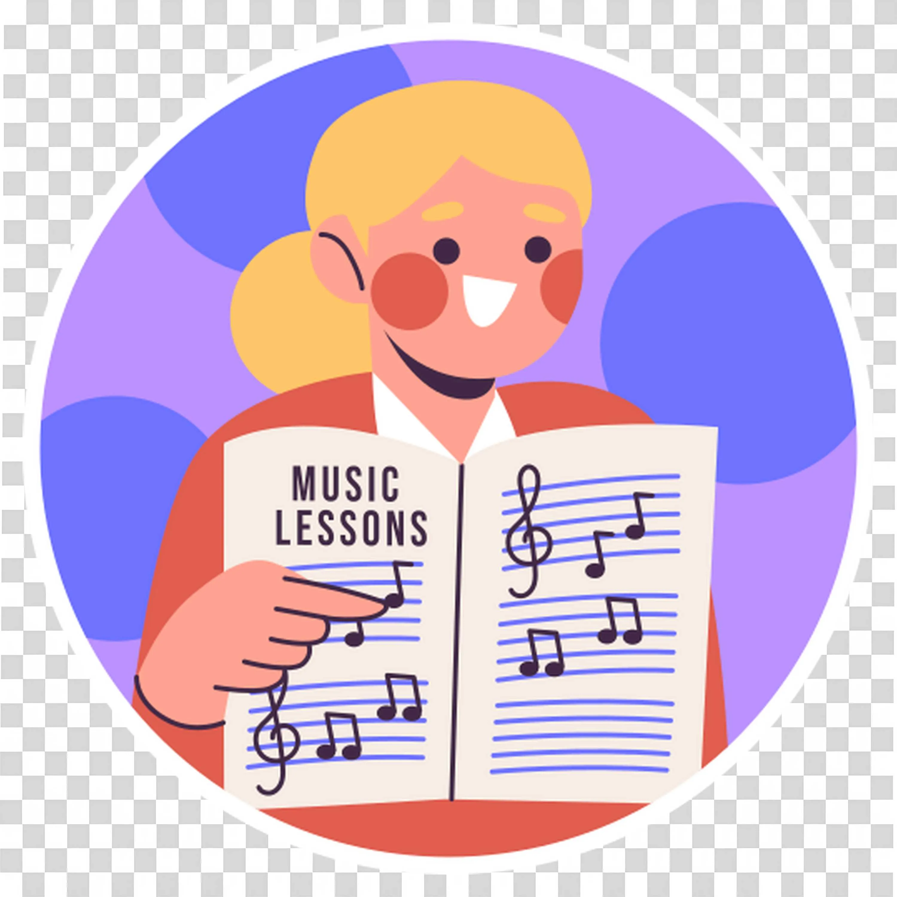 Teacher Holding a Music Lesson Book and Smiling PNG Image