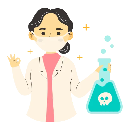 Teacher in lab coat with chemistry tools for science lessons