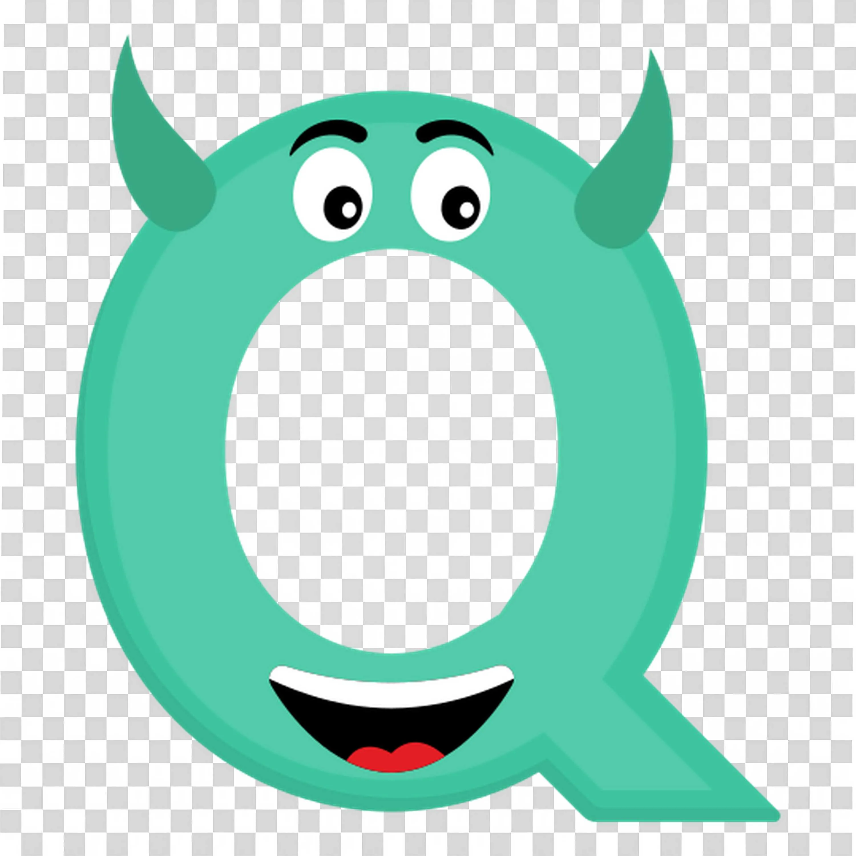 Teal Letter Q with Teal Colour Horns and Happy Face Png