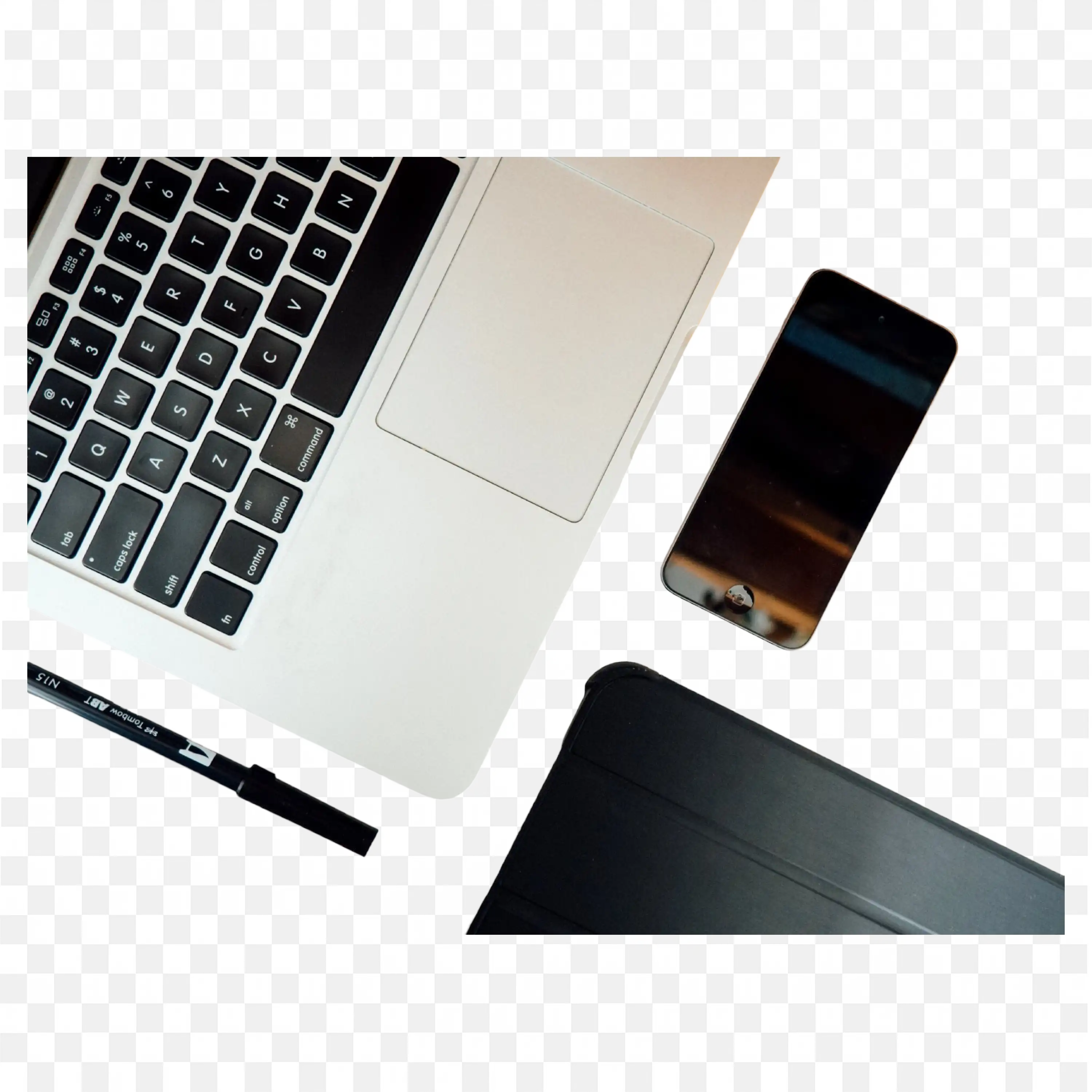 Top View of an Organized Desk with Laptop Mobile and Marker