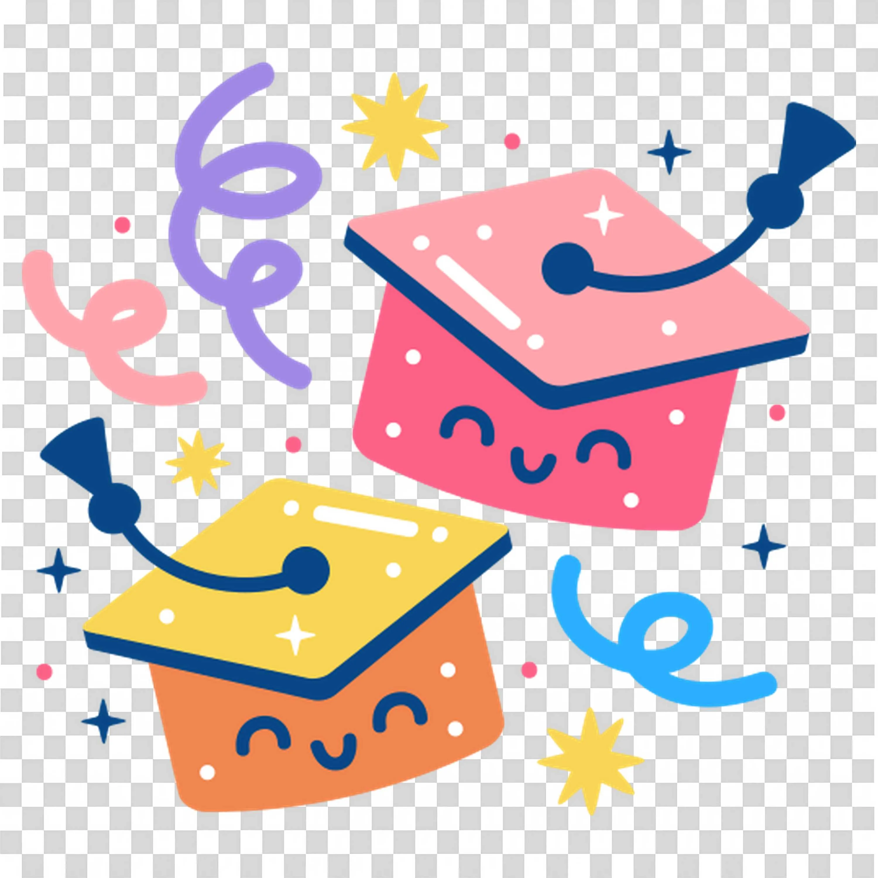 Two Happy Graduation Caps with Confetti Celebration Png