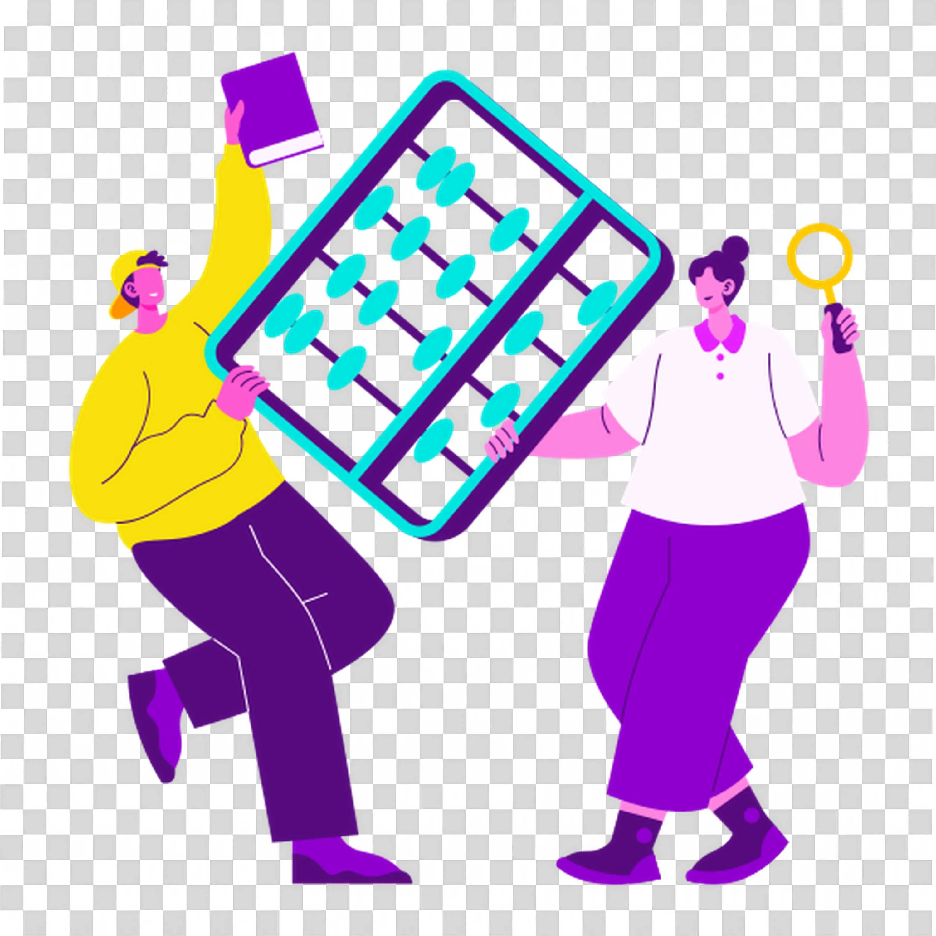 Two Students Holding An Abacus and a Magnifying Glass Png